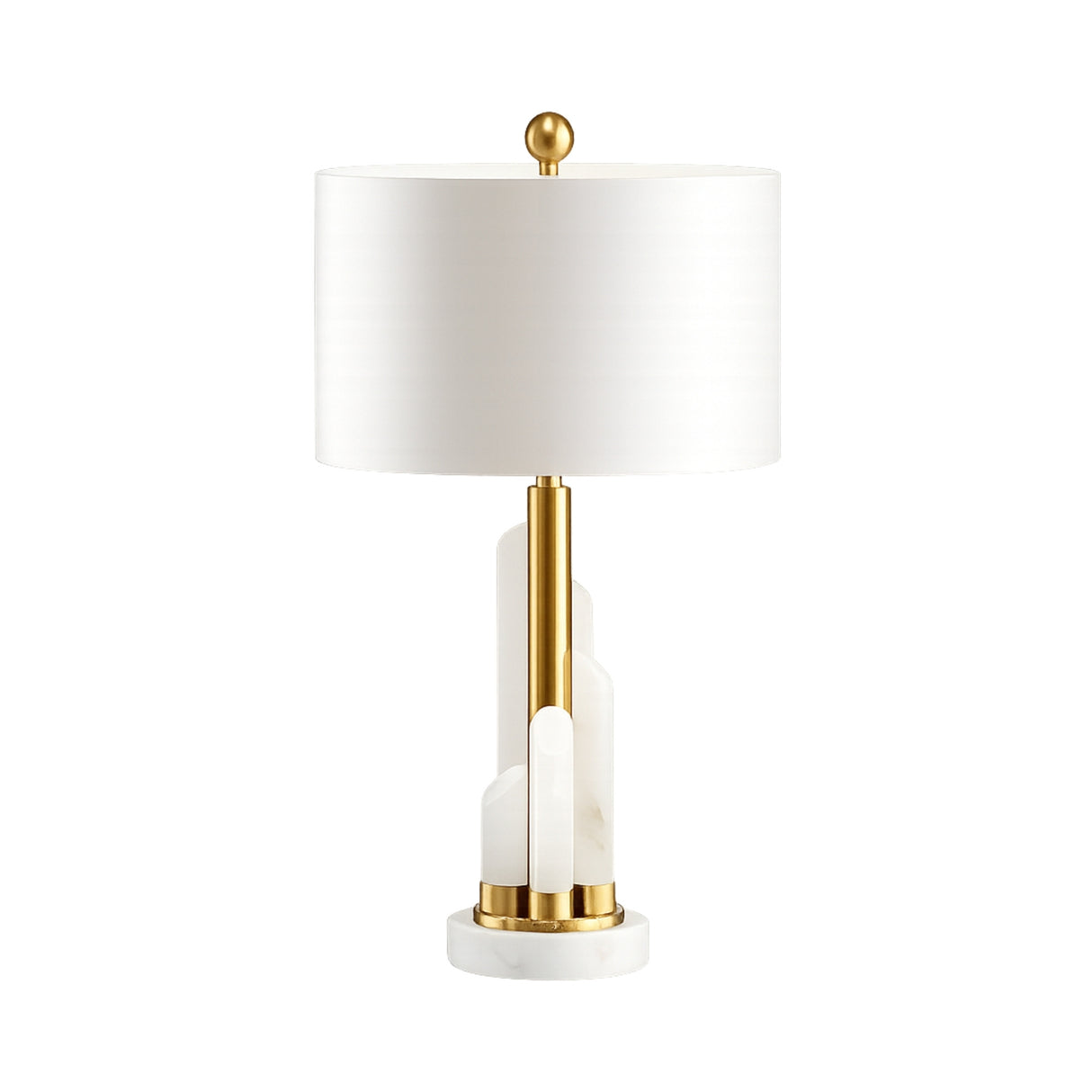 The Solaryn 1 Light Offset Alabaster Table Lamp in Brass & Soft White features sculptural geometric design, elegant brass accents, and a round soft white shade—ideal for those seeking modern and stylish lighting.