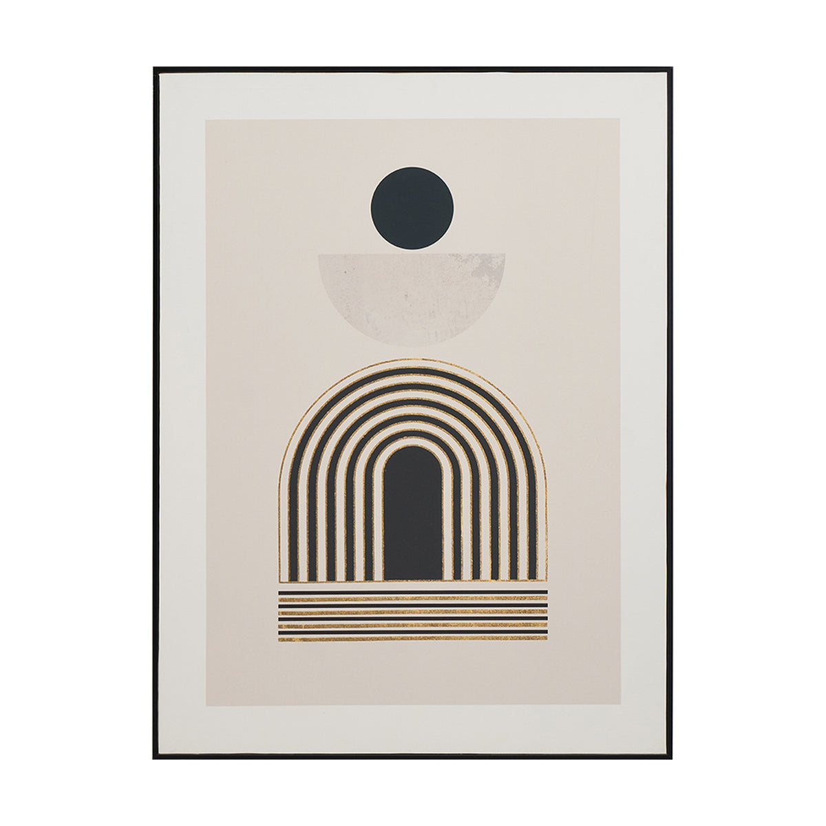 Art Deco wall art print in a black frame, 60 x 80cm, featuring a black sun, grey half-circle, and gold-striped arch on a neutral background.