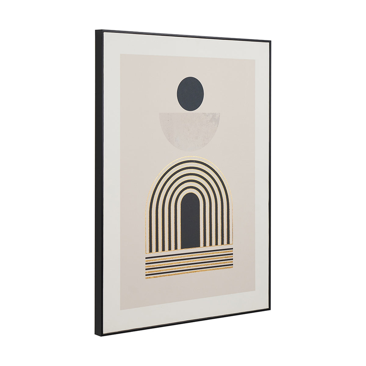 Black-framed Art Deco print, 60 x 80cm, with an abstract arch design featuring gold linework, a black circle, and a grey half-moon on a beige background.