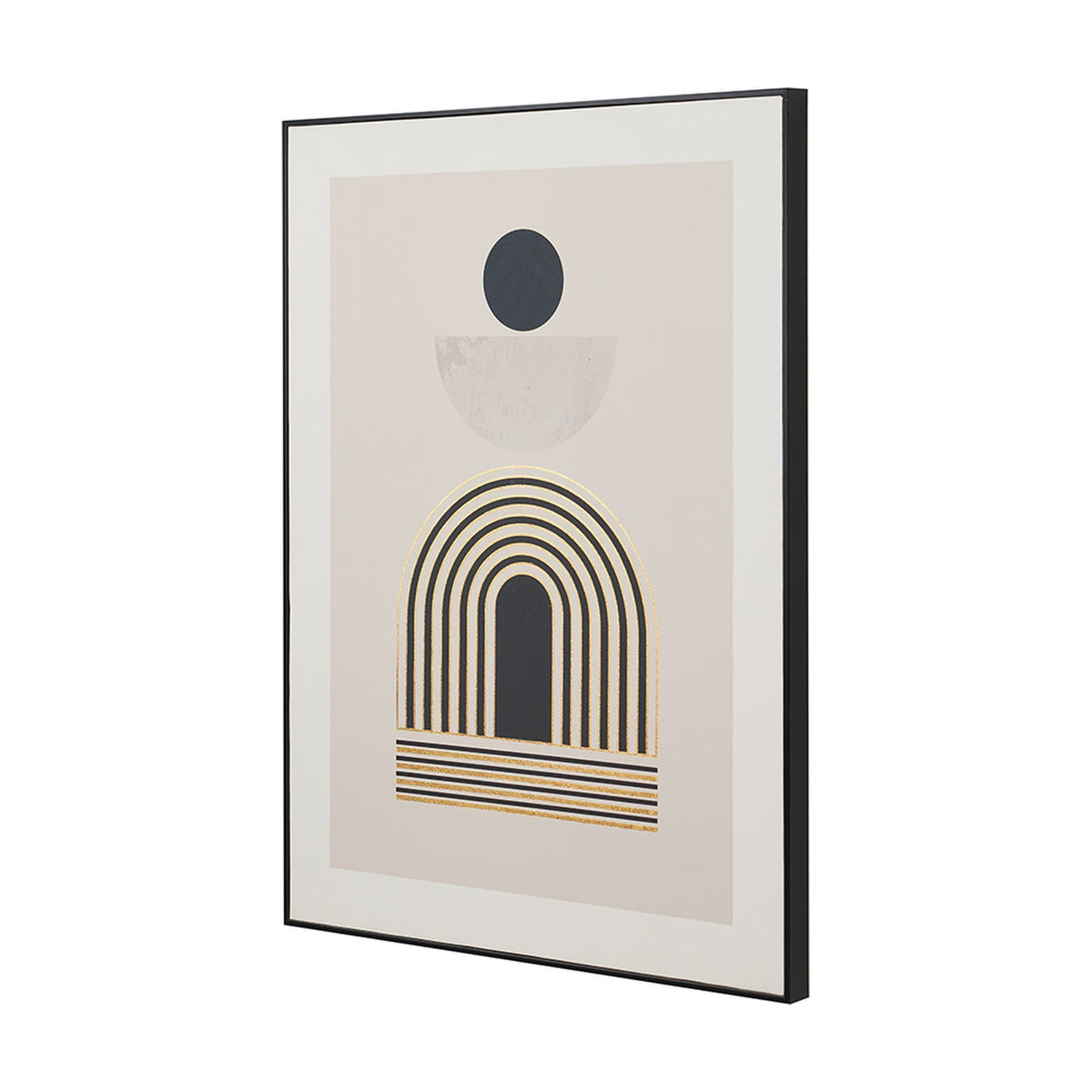 Art Deco print in a black frame, 60 x 80cm, showing a dark circle, half-moon shape, and arched linear design in gold and black on a beige background.