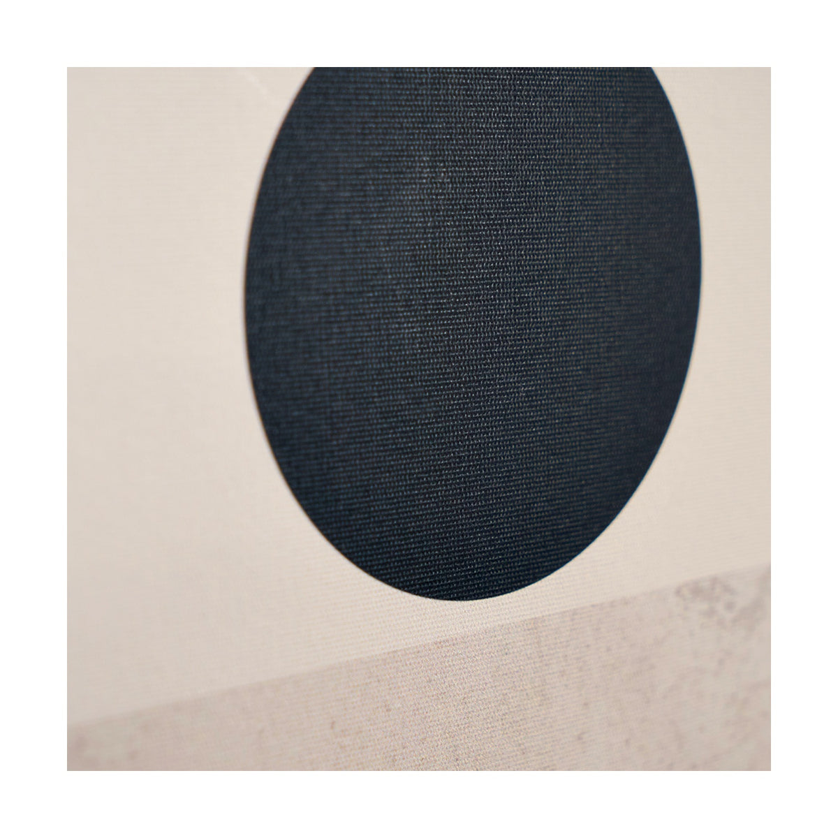 Close-up of the Art Deco Print, 60 x 80cm, showing a large dark navy oval shape on a textured canvas with cream and beige panels.
