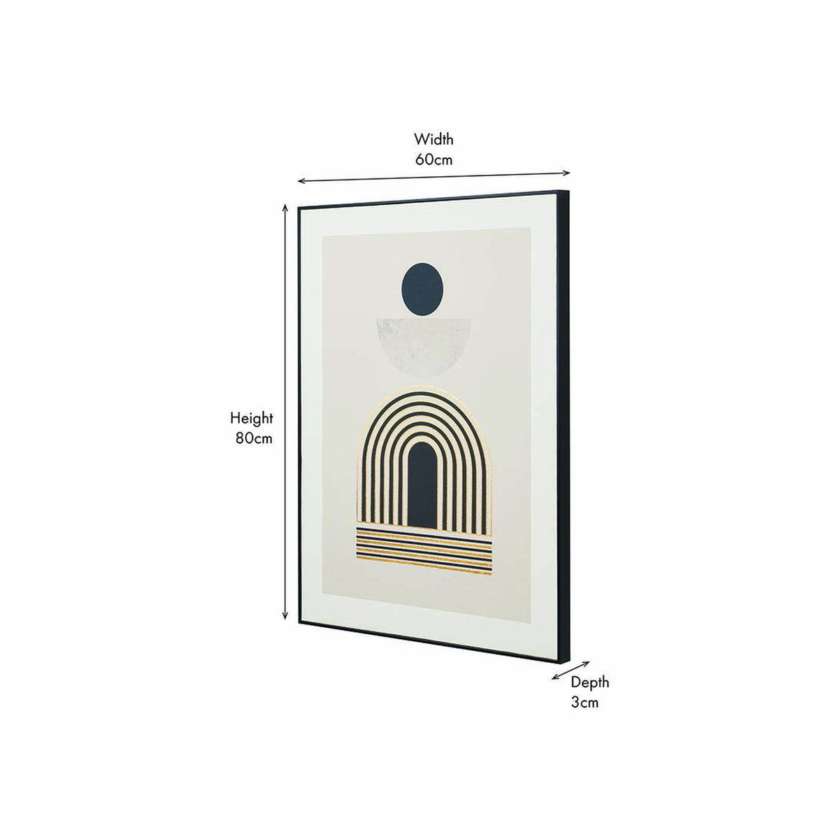 Art Deco print in a black frame, 60 x 80cm, showing an abstract arch design in gold and black tones with a navy sun motif, shown at an angle on a plain white background.