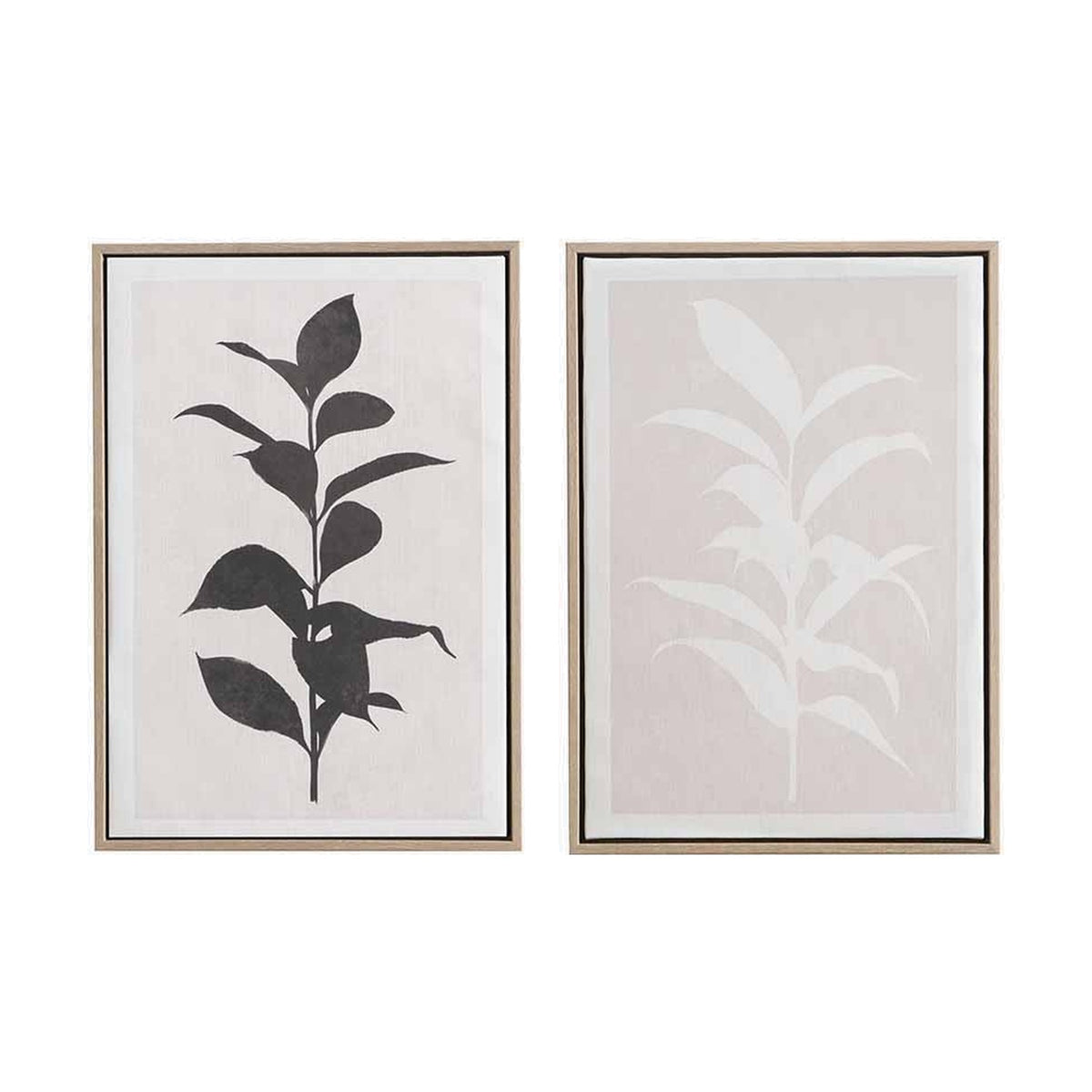 Set of two framed canvas wall art prints with botanical leaf silhouettes, one black on natural, one tone-on-tone natural, wood-toned frames, plain white background.