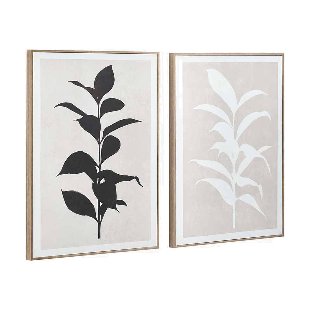 Set of 2 framed canvas wall art prints with leaf silhouettes, one black on natural, one natural on grey, in wood-tone frames against a plain white background.