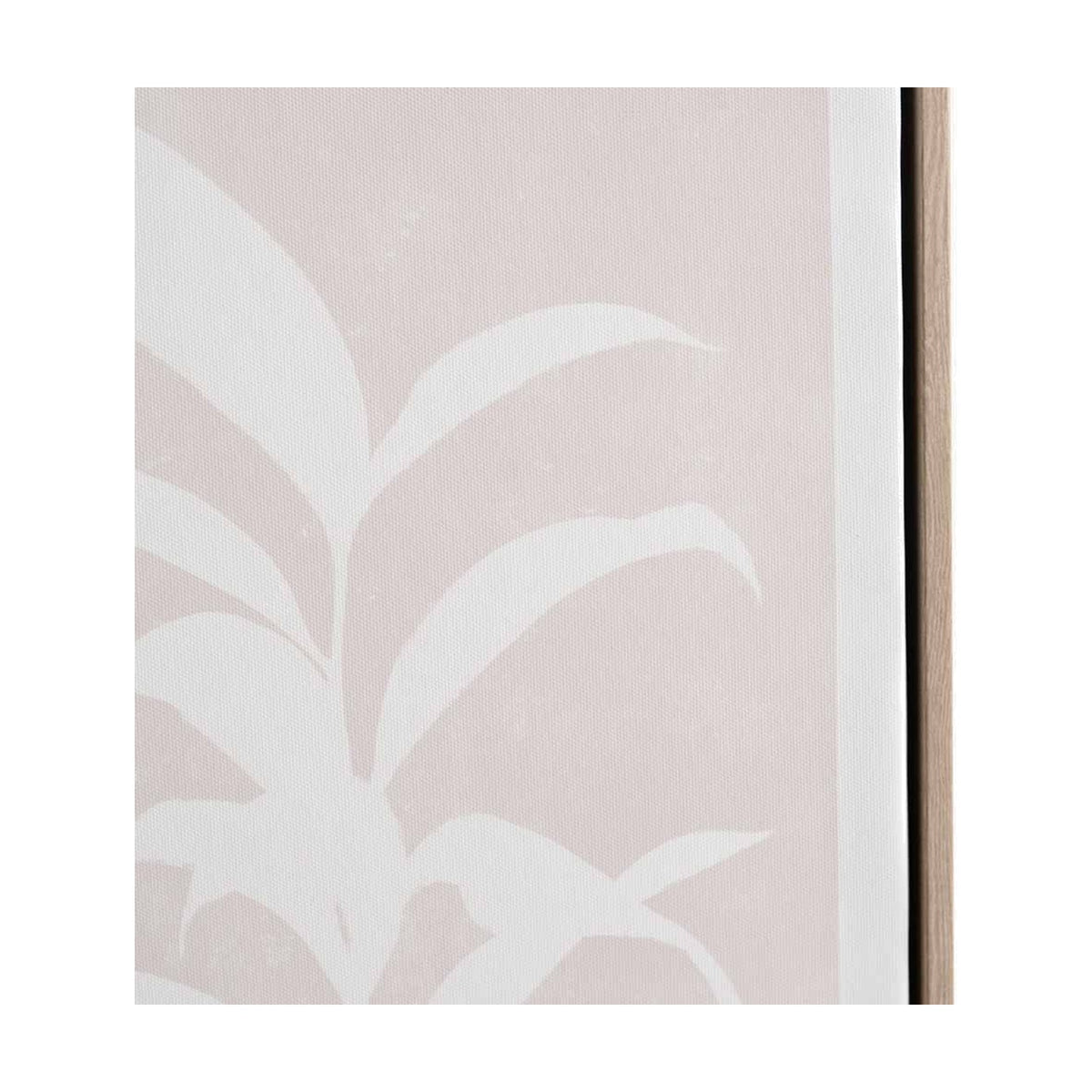 Close-up of a canvas wall art print with a white leaf silhouette on a natural pink-toned background, edged by a slim wood frame.