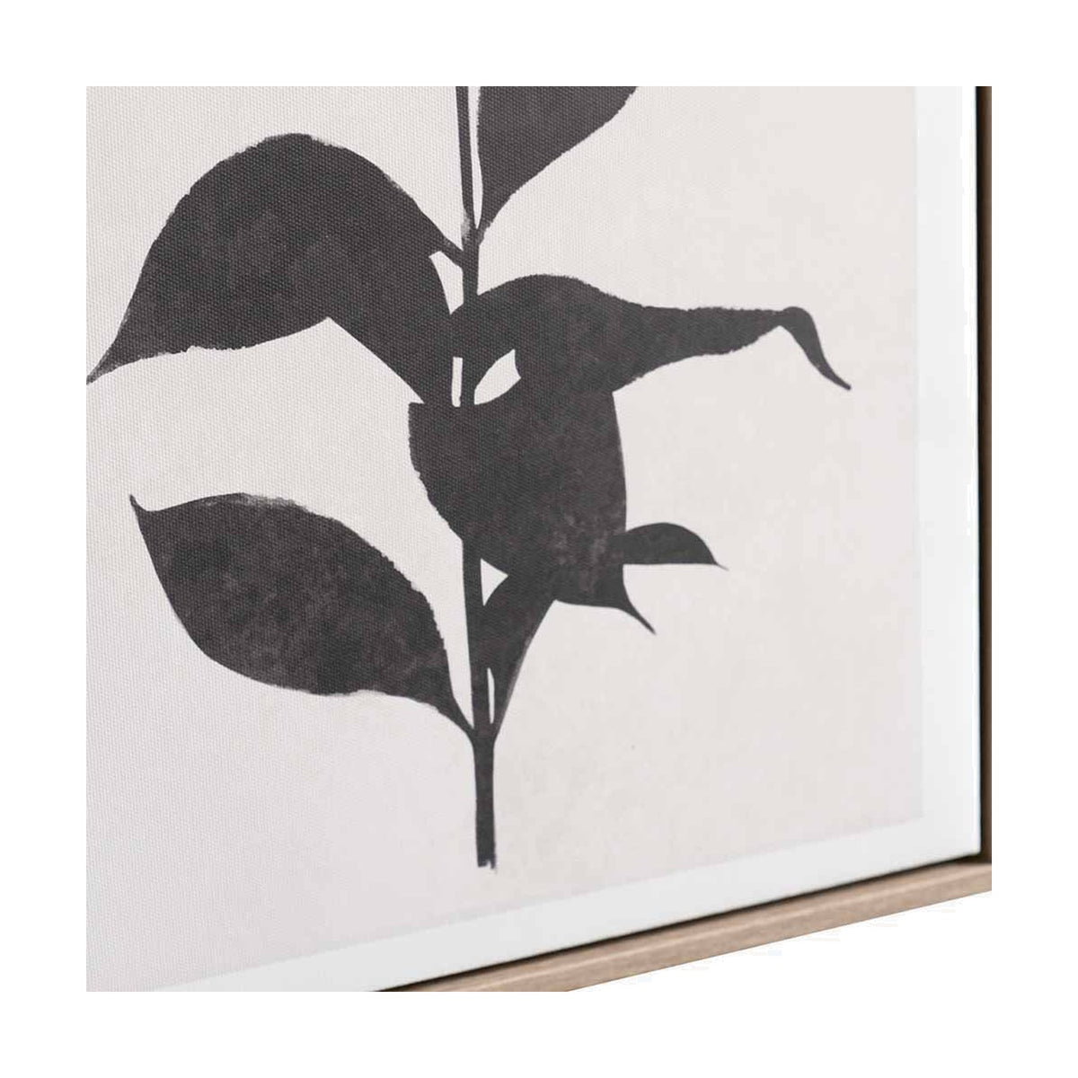 Close-up of a framed canvas art print showing a black silhouette leaf and stem design on a natural off-white background, with visible canvas texture and a wood-toned frame edge.