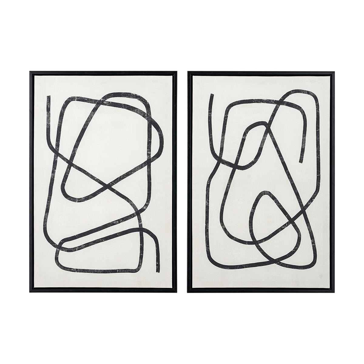 Set of 2 black-framed canvas wall art prints featuring abstract black squiggle line designs on a white background.