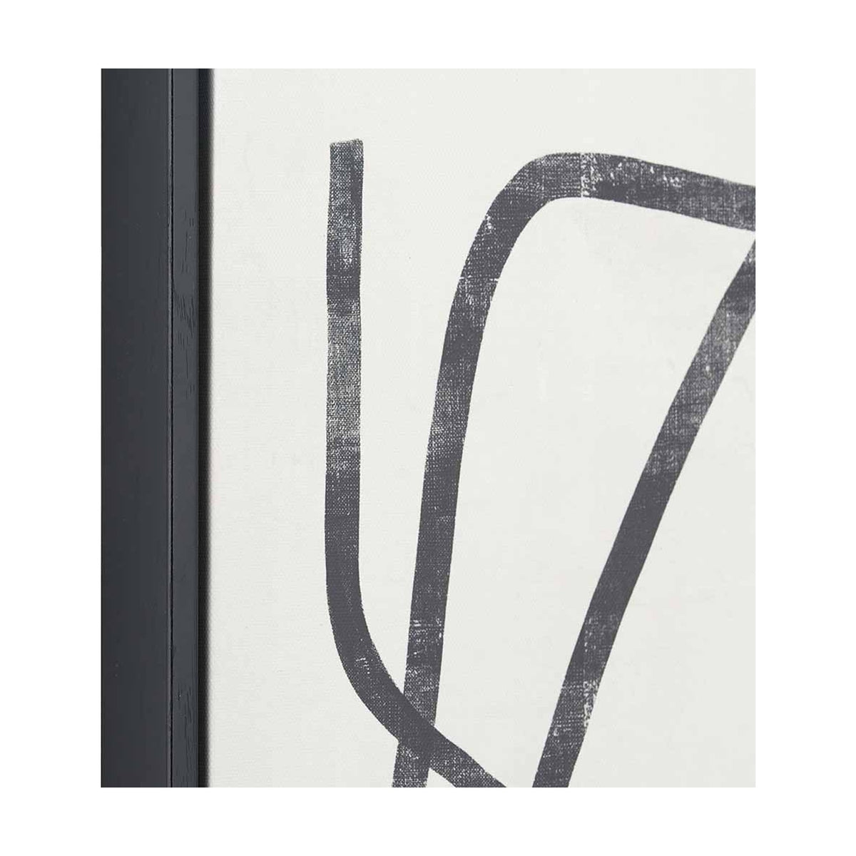 Close-up of a black-framed canvas wall art print showing bold abstract squiggle lines in charcoal grey on an off-white textured background.