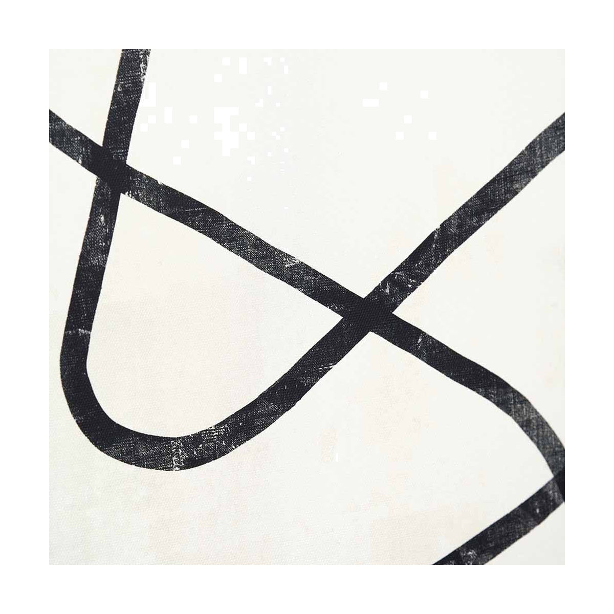 Close-up of black squiggle print canvas wall art, showing bold looping black lines on a textured white canvas.