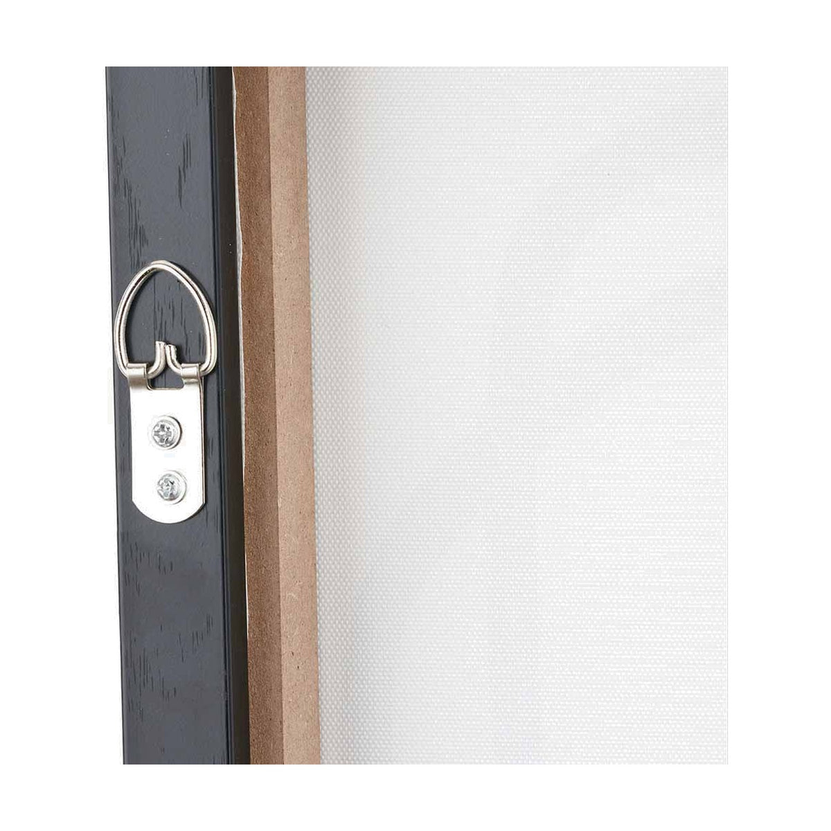 Close-up of a black canvas wall art frame's mounted D-ring hook and screws on the rear, showing wood frame edge and white canvas fabric.
