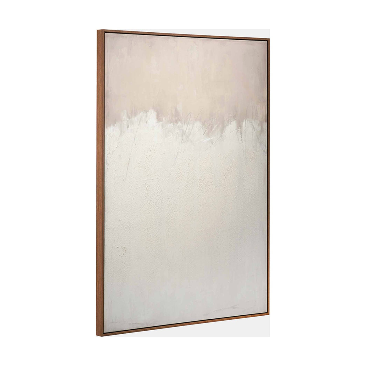 Natural & White Abstract Rectangular Large Canvas with Frame, shown at an angle with a wood-tone frame, beige upper tones fading into a textured white lower section, against a plain white background.