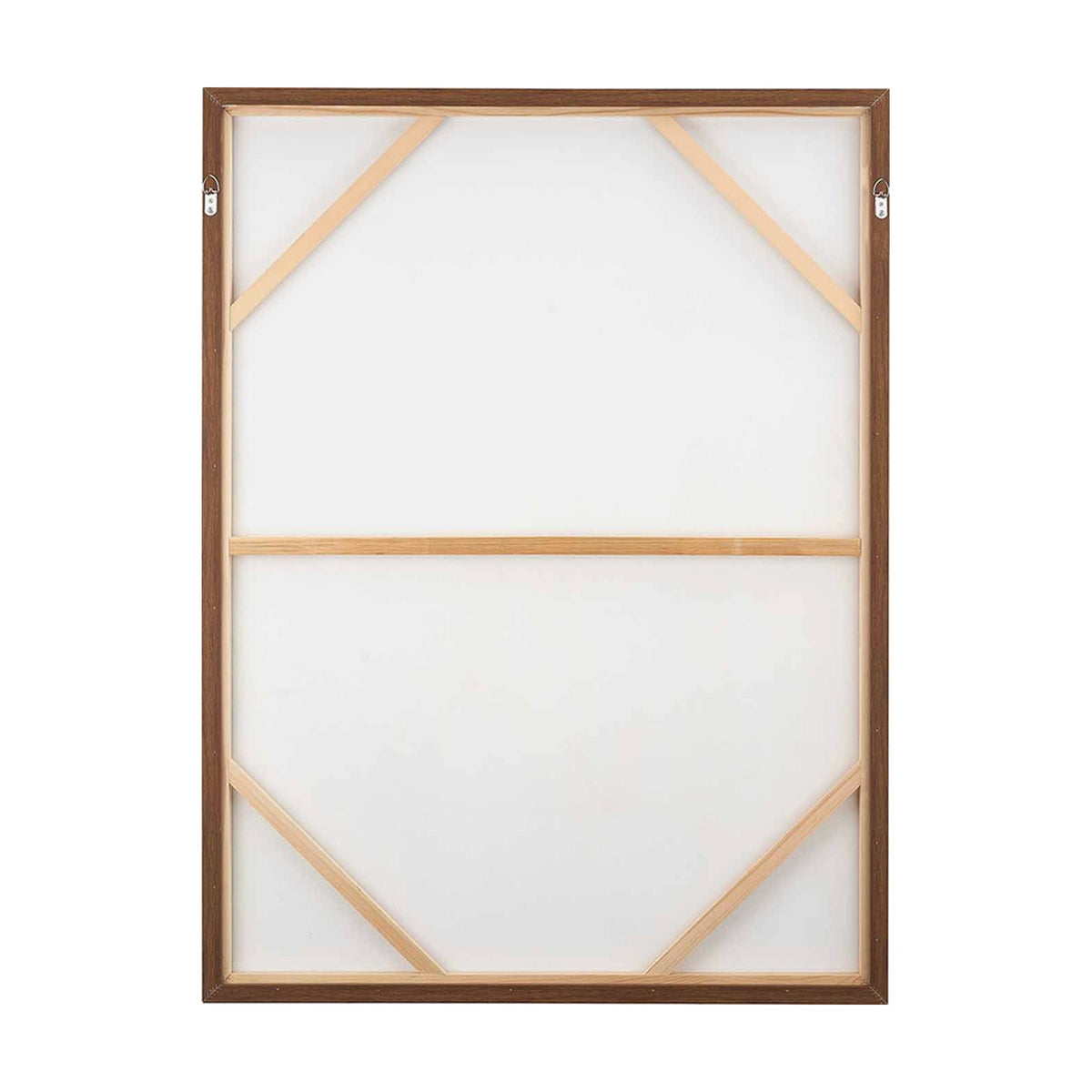 Rear view of the Natural & White Abstract Rectangular Large Canvas with wooden frame, showing diagonal support struts and hanging hooks on a plain white background.