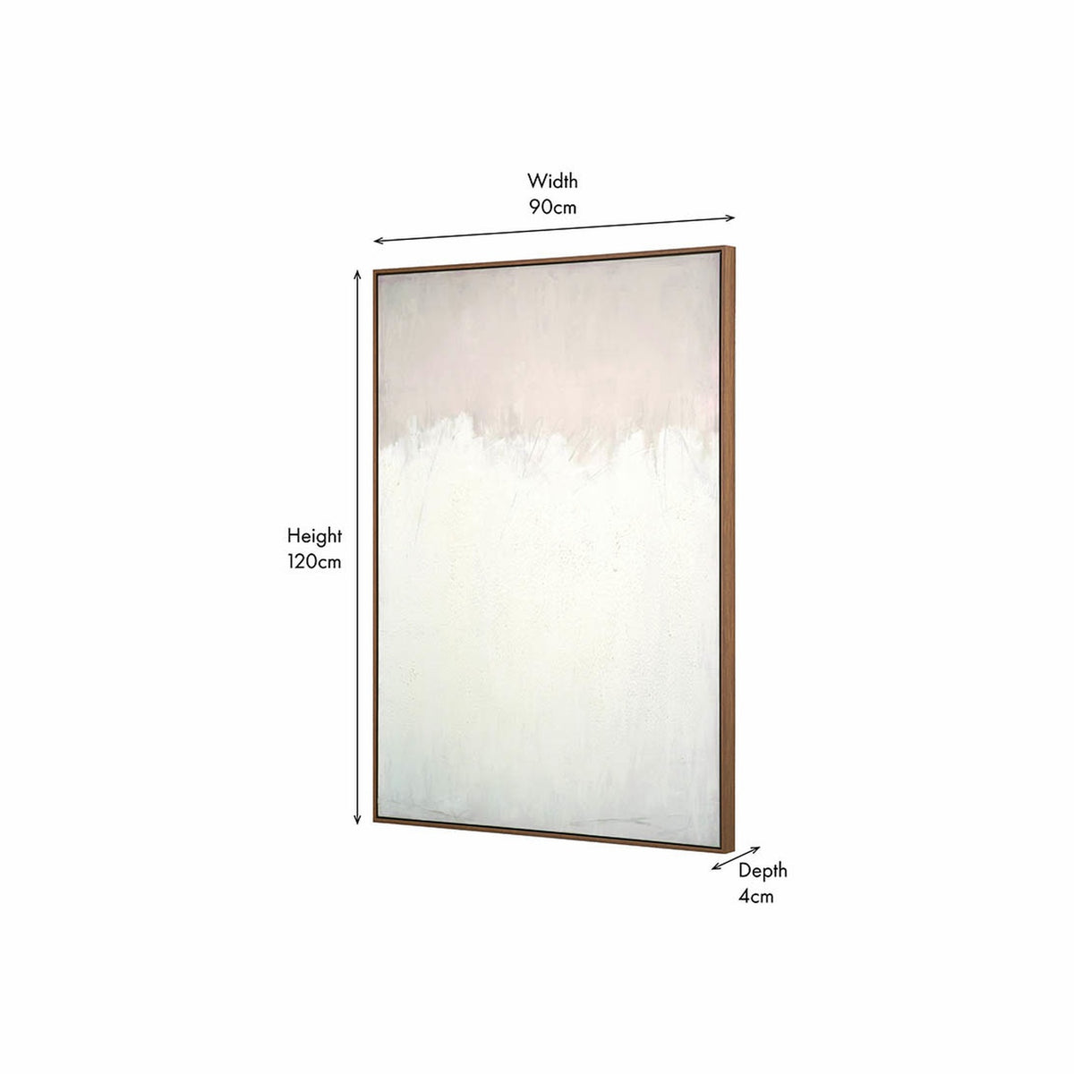 Natural & White Abstract Rectangular Large Canvas with wood frame, 90cm x 120cm, shown at an angle with dimension markers on a white background.