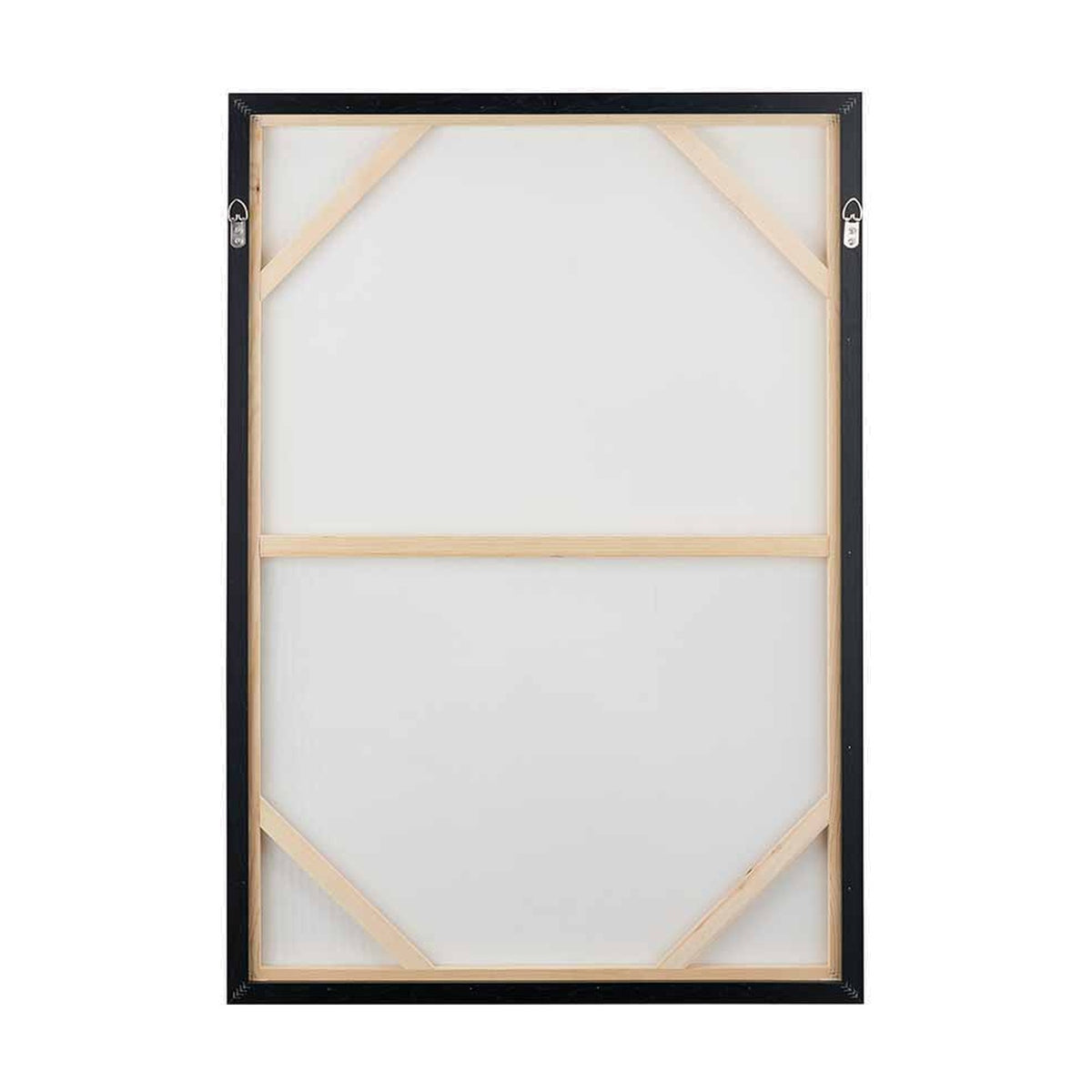 Reverse view of the Grey & White Abstract Canvas with Black Frame, 70 x 100cm, showing wooden stretcher bars, black frame edging and wall-mount hooks on a plain white background.
