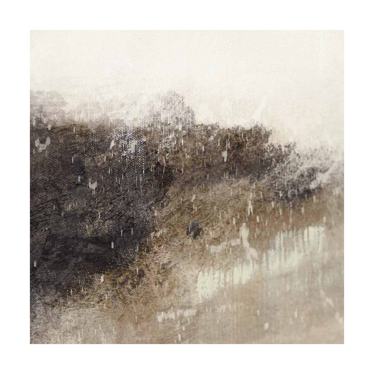Grey & White Abstract Canvas with Black Frame, 70 x 100cm, showing a misty landscape effect in muted grey, black and beige tones.