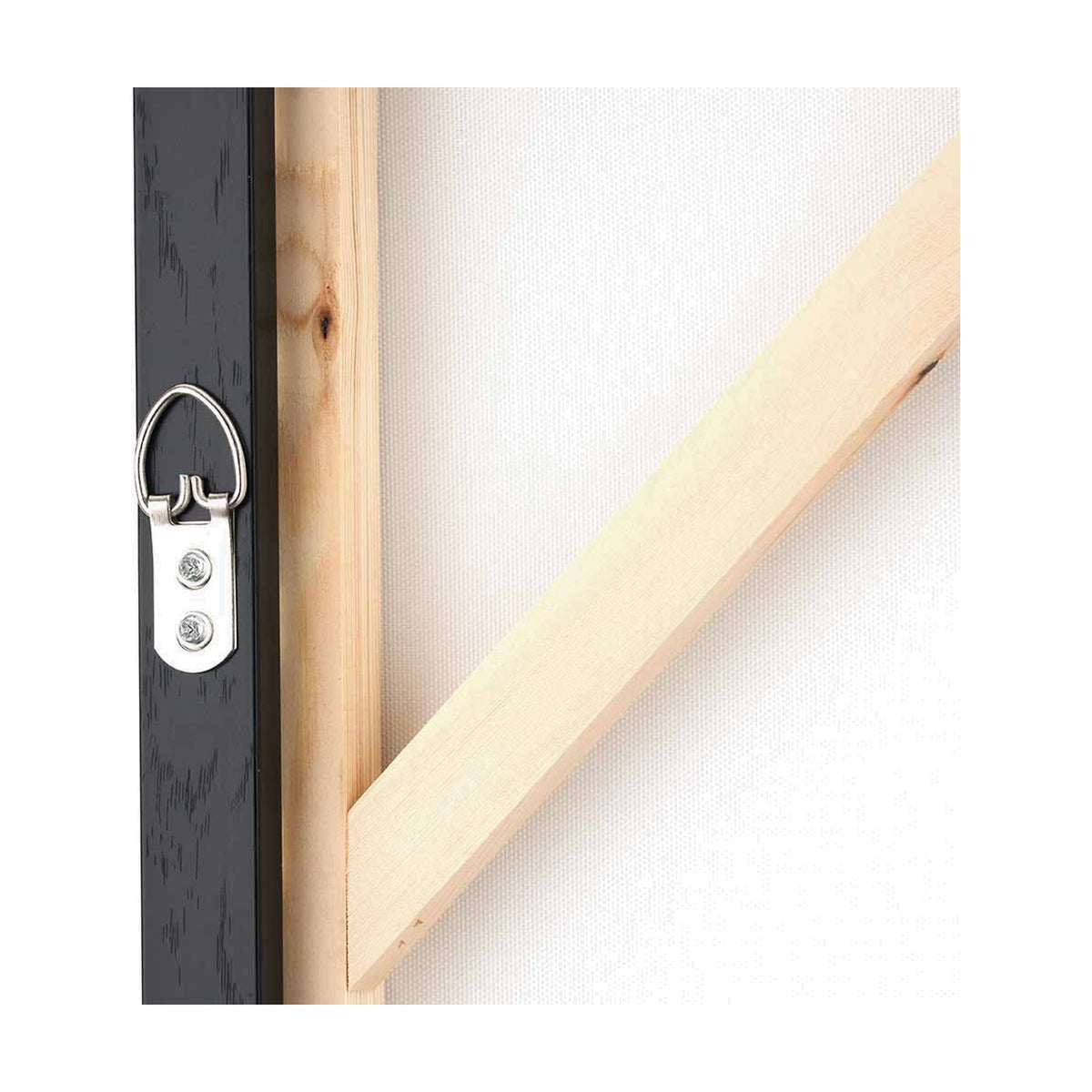 Close-up of the Grey & White Abstract Canvas's black wood frame back, showing a mounted D-ring hanger and diagonal support strut on natural timber stretcher bars.
