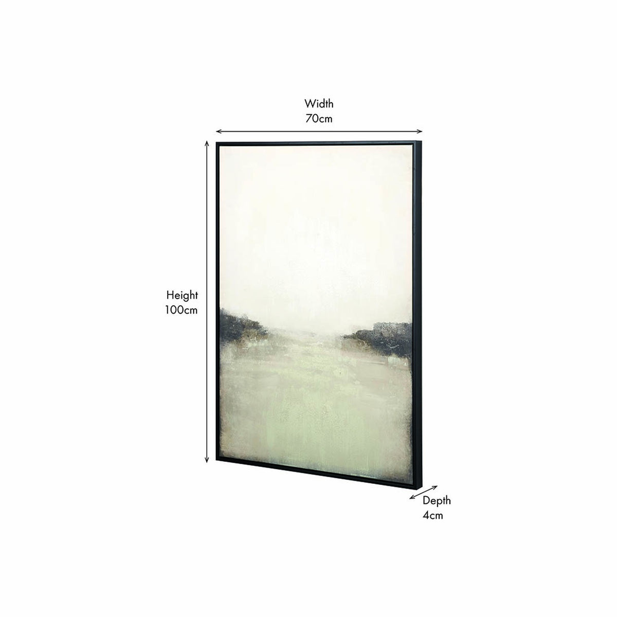 Grey and white abstract canvas wall art in a black frame, 70 x 100cm, shown at an angle with dimension markers on a plain white background.