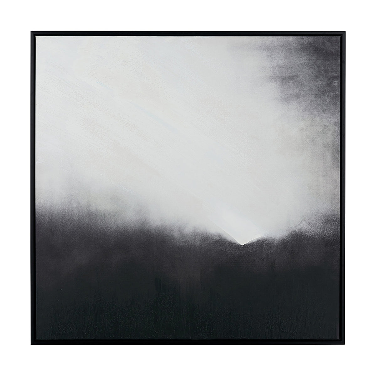 Monochrome abstract square canvas wall art, 80 x 80cm, in a black frame, blending soft grey and white tones into a dark, misty base.