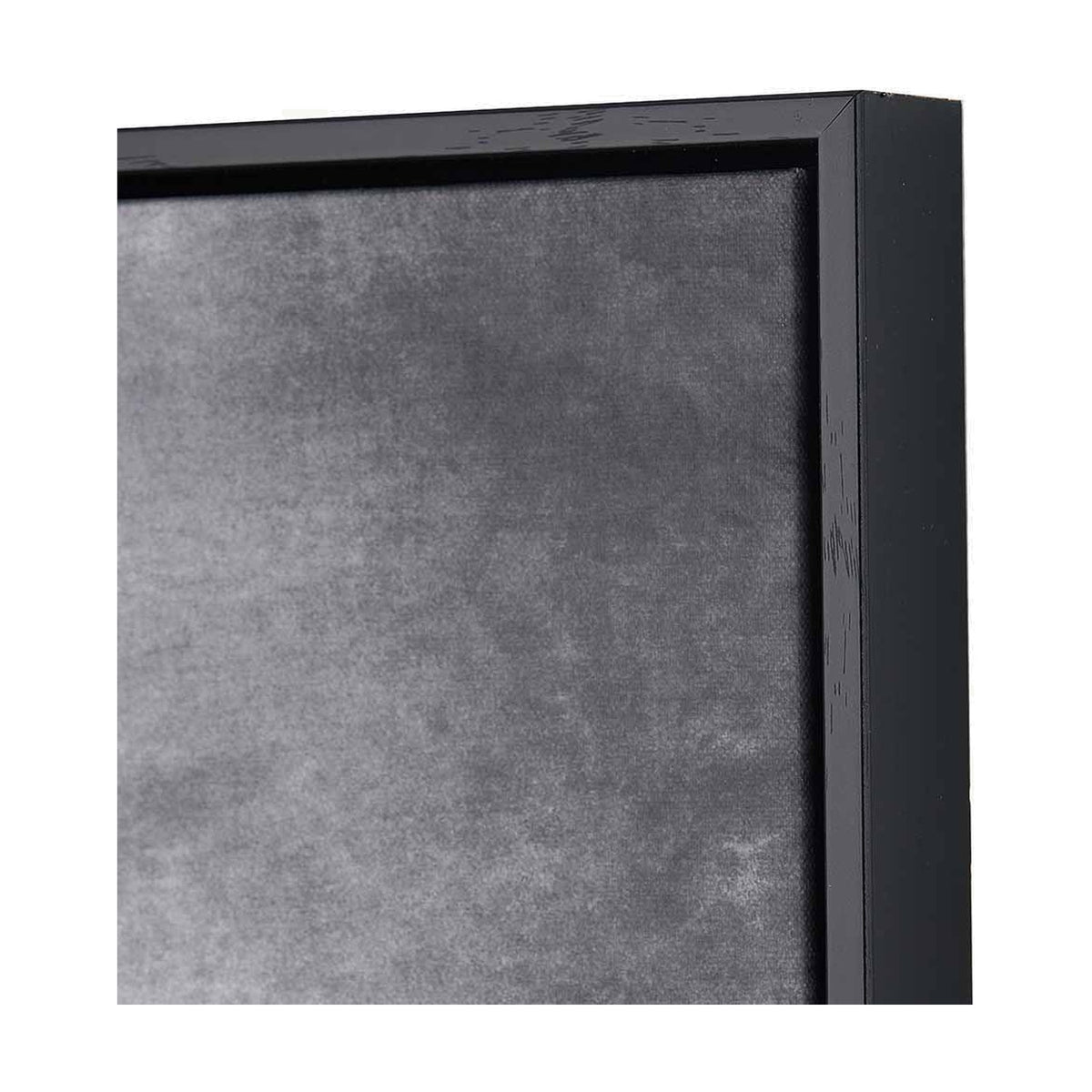 Close-up corner detail of the Monochrome Abstract Square Canvas, showing a black wooden frame edge against a grey textured canvas surface.