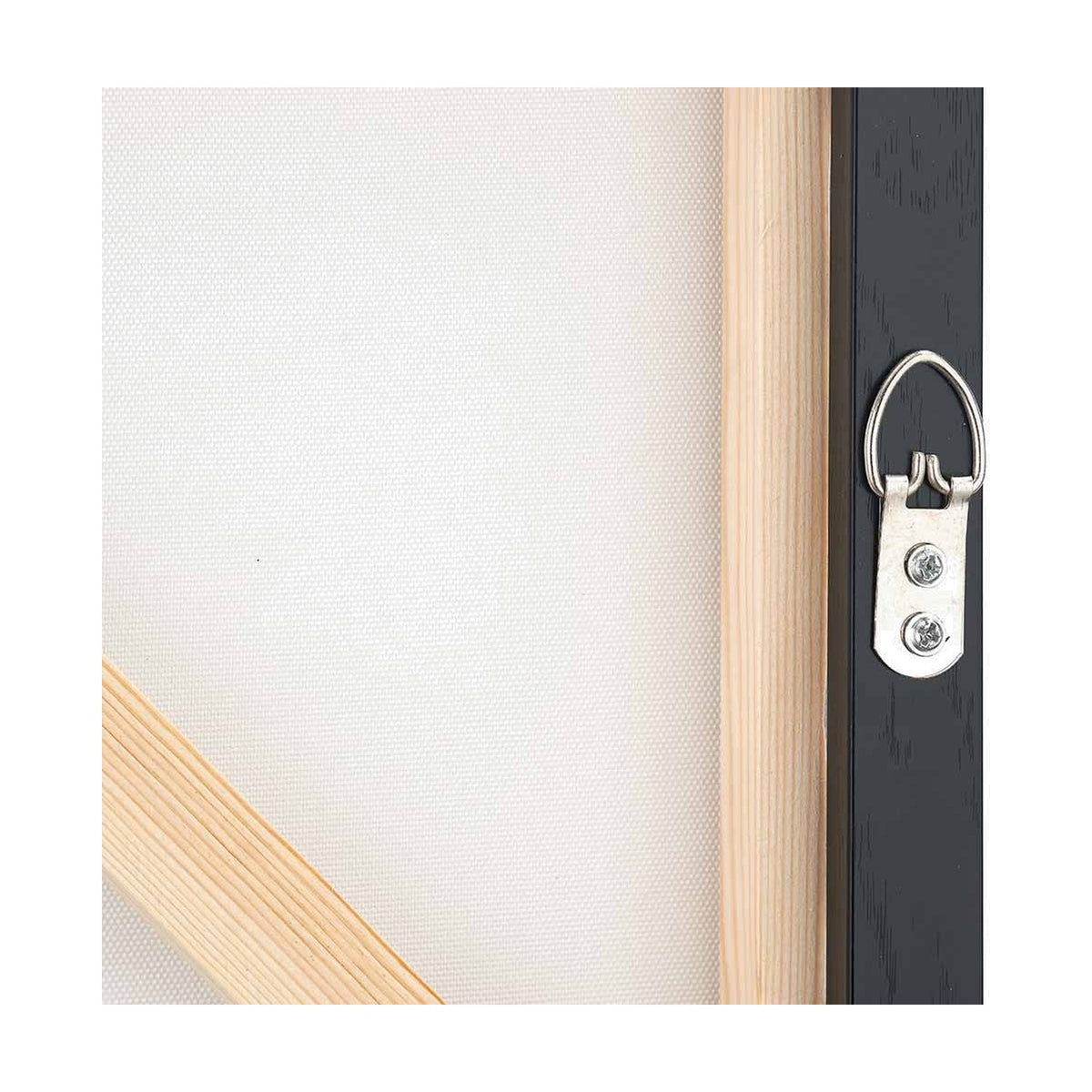 Close-up of the Monochrome Abstract Square Canvas's black wooden frame corner with raw canvas back, wooden stretcher bars, and a metal D-ring hanging fixture.