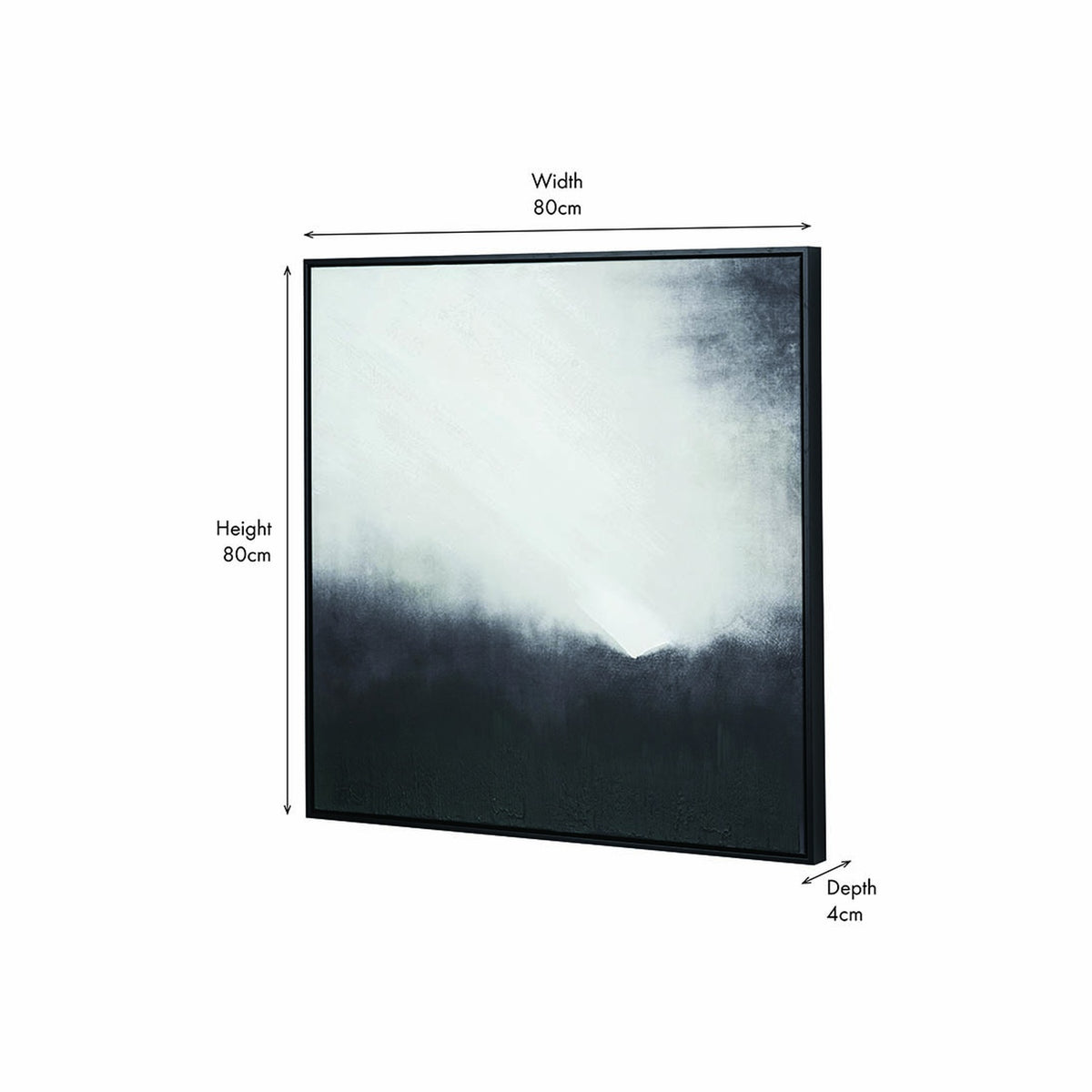 Monochrome abstract square canvas wall art in a black frame, 80 x 80cm, blending white, grey and black tones, shown at an angle against a plain white background with dimension labels.
