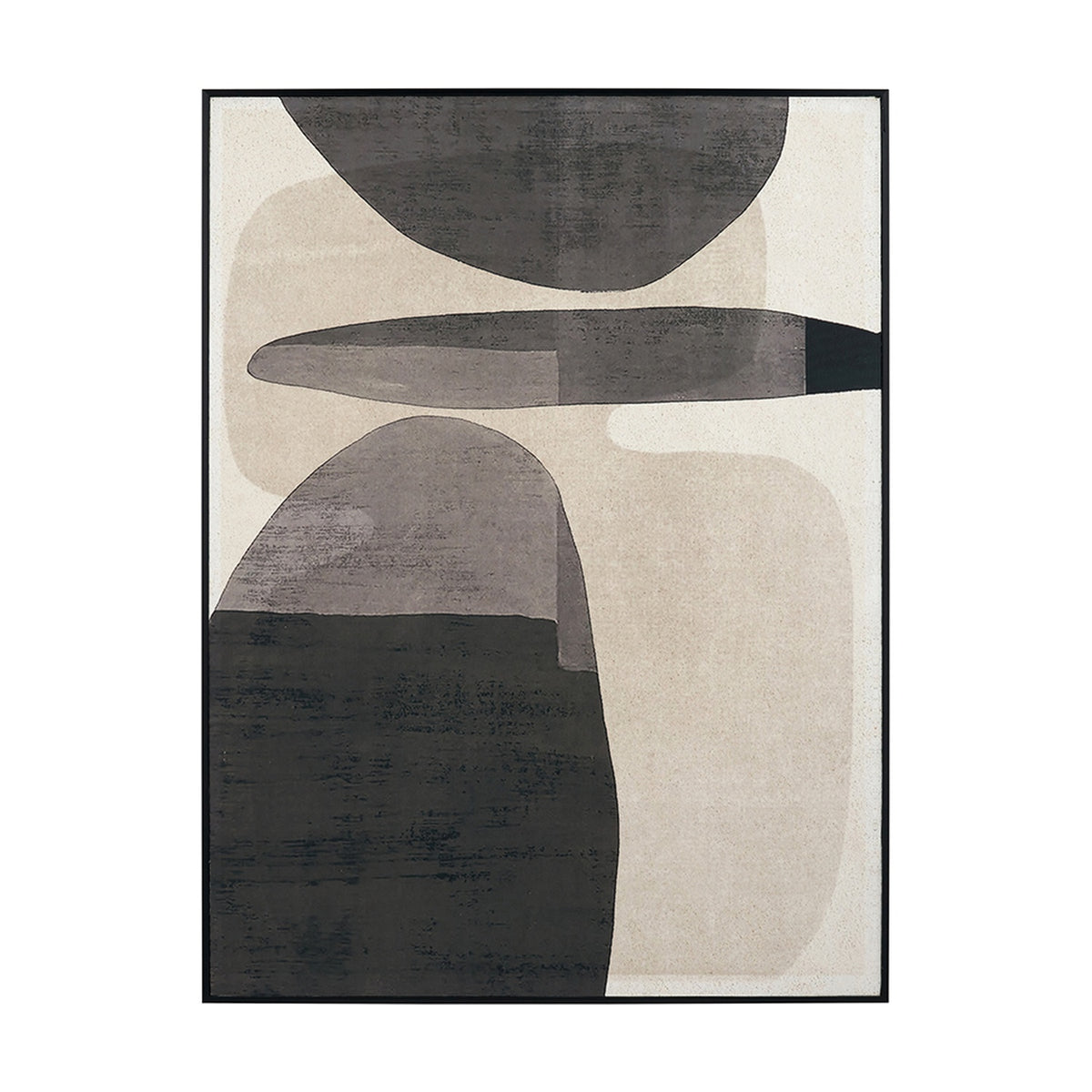 Framed abstract canvas wall art, 60 x 80cm, with overlapping oval and curved shapes in black, grey, and natural tones on a plain white background.