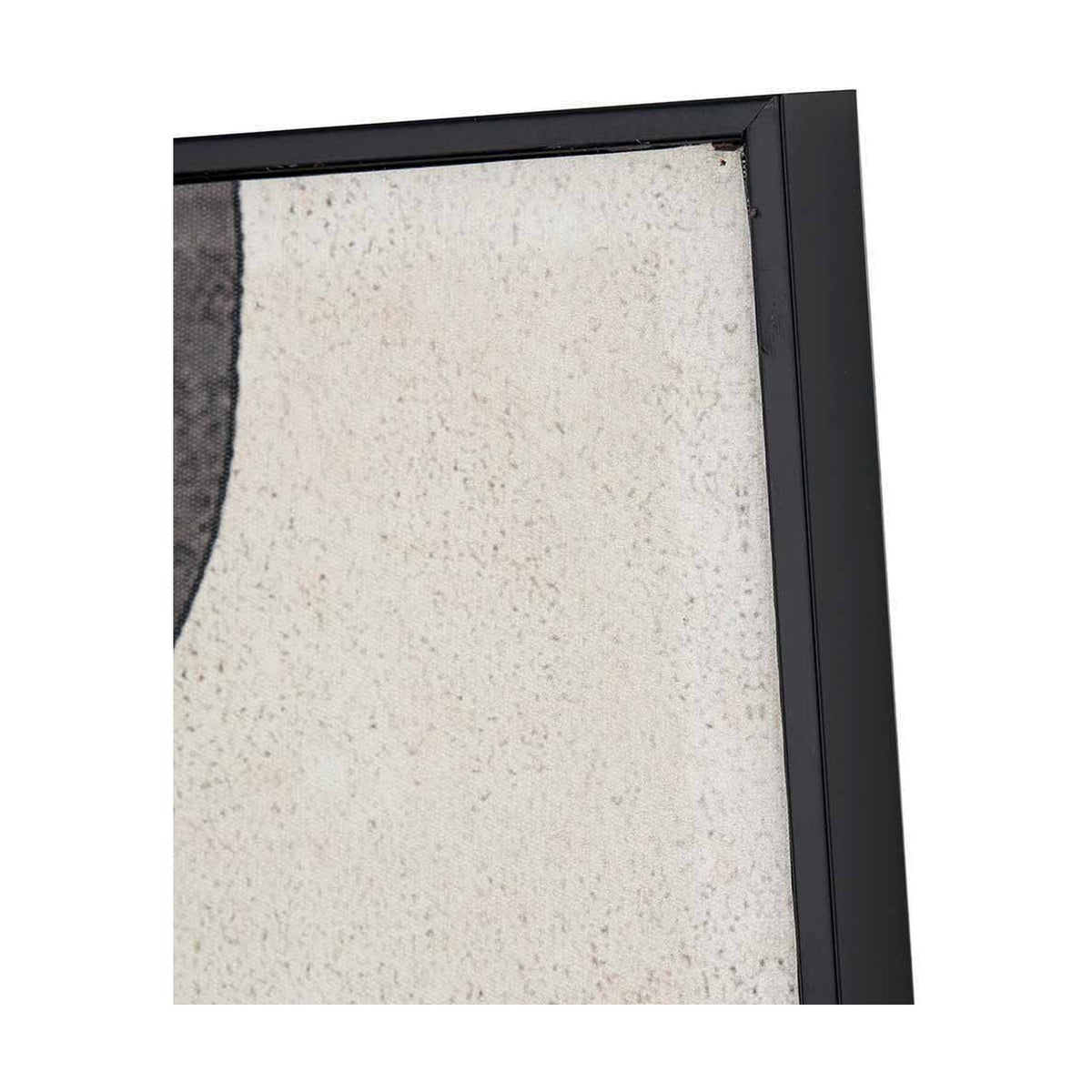 Close-up of framed canvas wall art corner, showing natural textured canvas with black oval design detail and slim black frame edge.