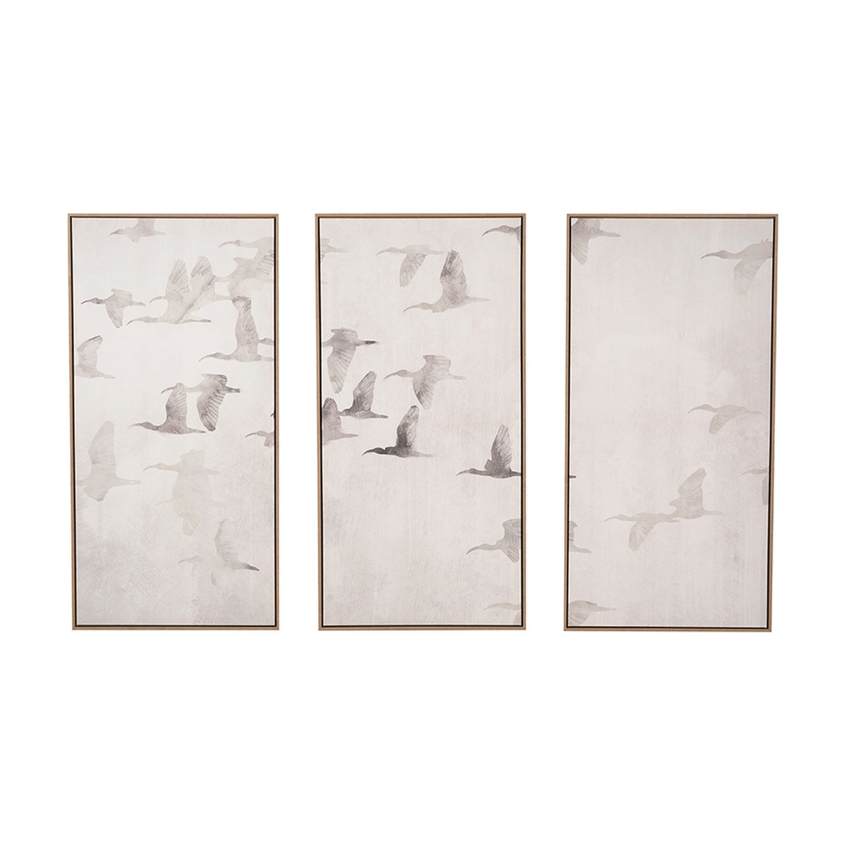 Set of 3 framed canvas wall art panels featuring flying birds in grey tones on a natural white background, each with a light wood frame.