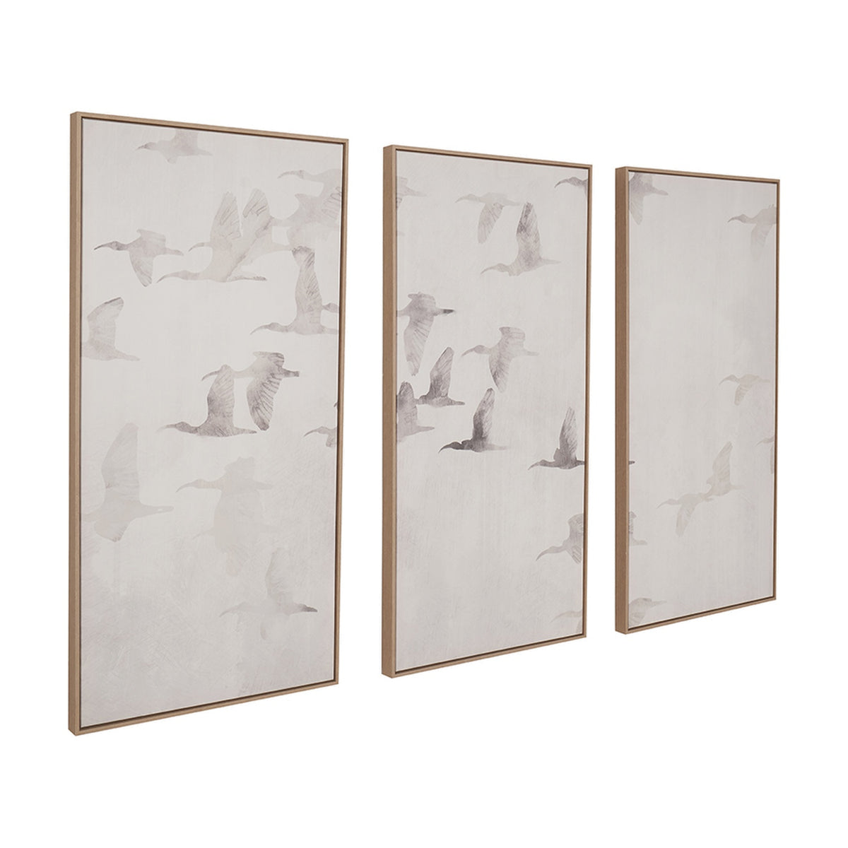 Set of three natural wood-framed canvas wall art panels featuring monochrome flying birds in grey and white tones, shown at an angle on a plain white background.