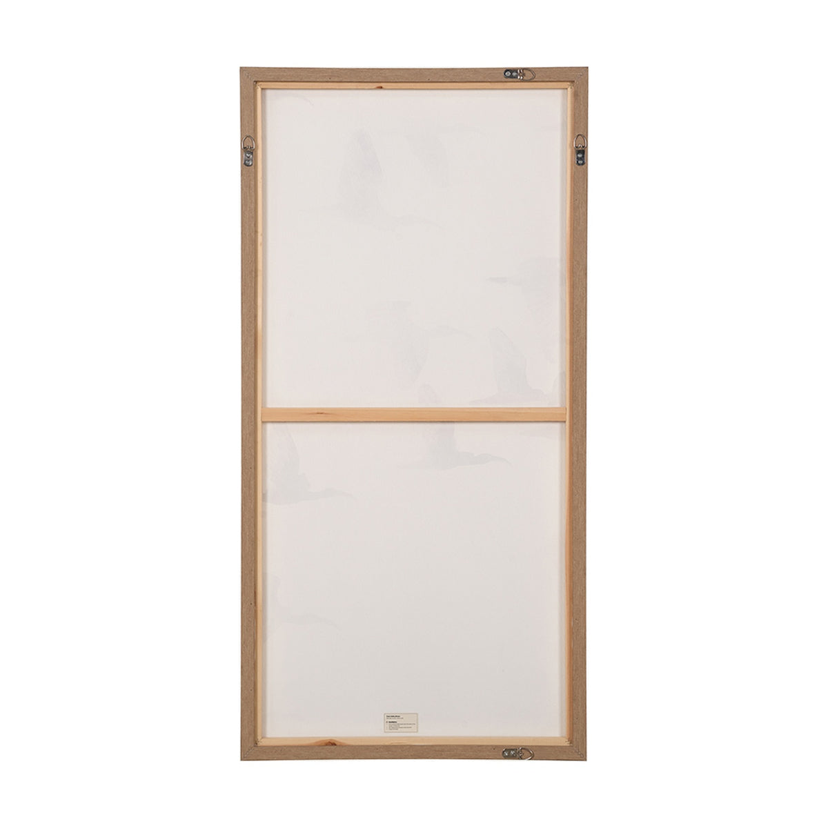 Reverse view of a framed canvas from the Set of 3 Natural & White Birds Canvases, showing natural wood frame, cross brace, and hanging hooks on a white background.