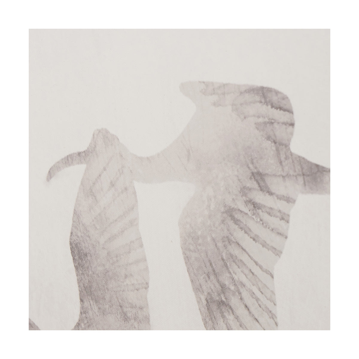Canvas wall art detail showing birds in flight with outstretched wings, rendered in soft grey tones on a natural background.