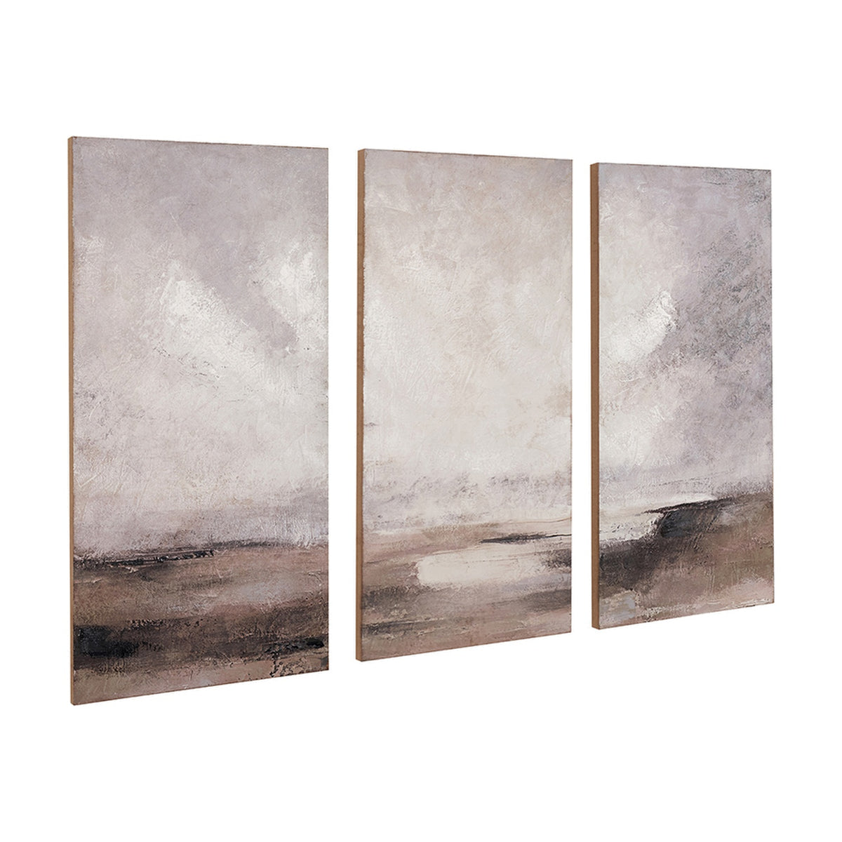 Set of three abstract landscape canvas wall art panels in grey and neutral tones, with textured horizon-like brushwork, shown at an angle on a plain white background.