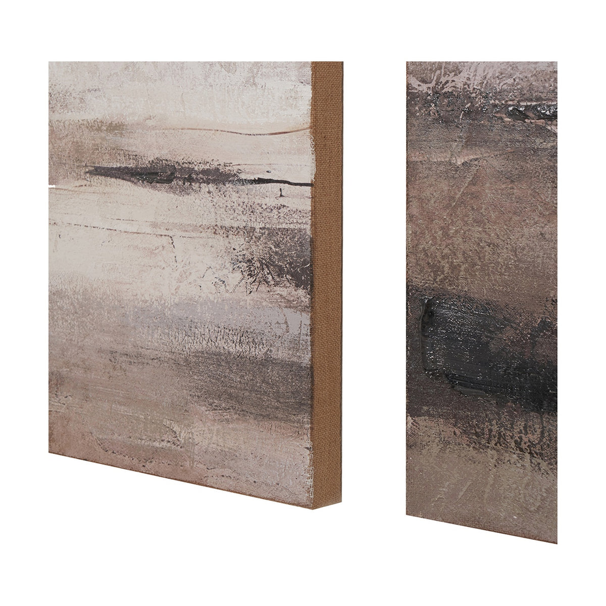 Close-up side view of grey and neutral abstract landscape canvas wall art panels, showing textured painted surface and jute canvas edge, on a plain white background.