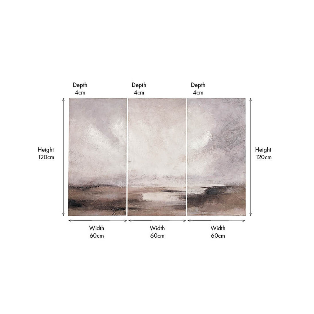 Set of 3 grey and neutral abstract landscape canvases, each 60cm wide by 120cm tall with 4cm depth, shown with dimension labels on a white background.