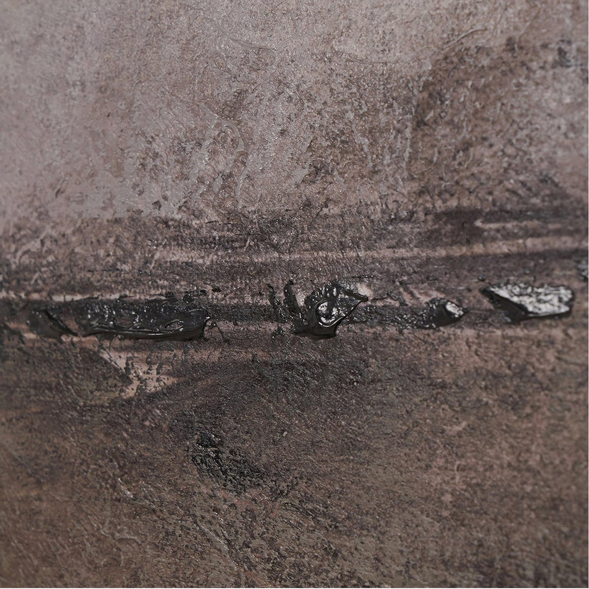 Close-up of a grey and neutral abstract landscape canvas from the set, showing textured black brushstrokes across a muted taupe-grey painted surface.