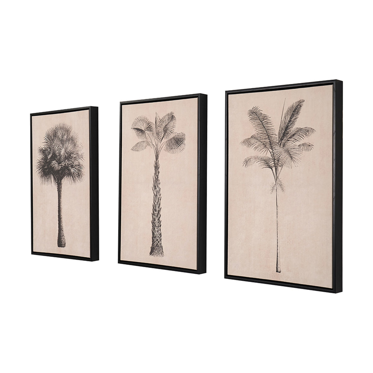 Set of three black-framed canvas prints featuring palm tree illustrations in varying sizes on a natural background, shown at an angle against a plain white backdrop.