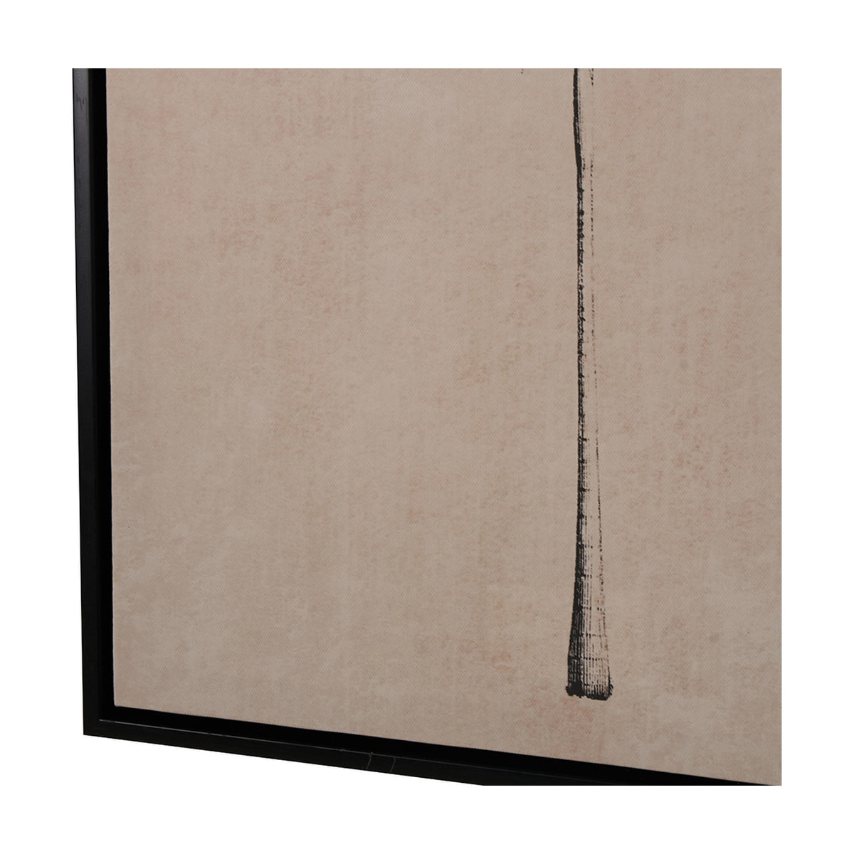 Close-up corner detail of a framed natural canvas print with a black palm tree trunk illustration, set in a slim black frame against a plain background.