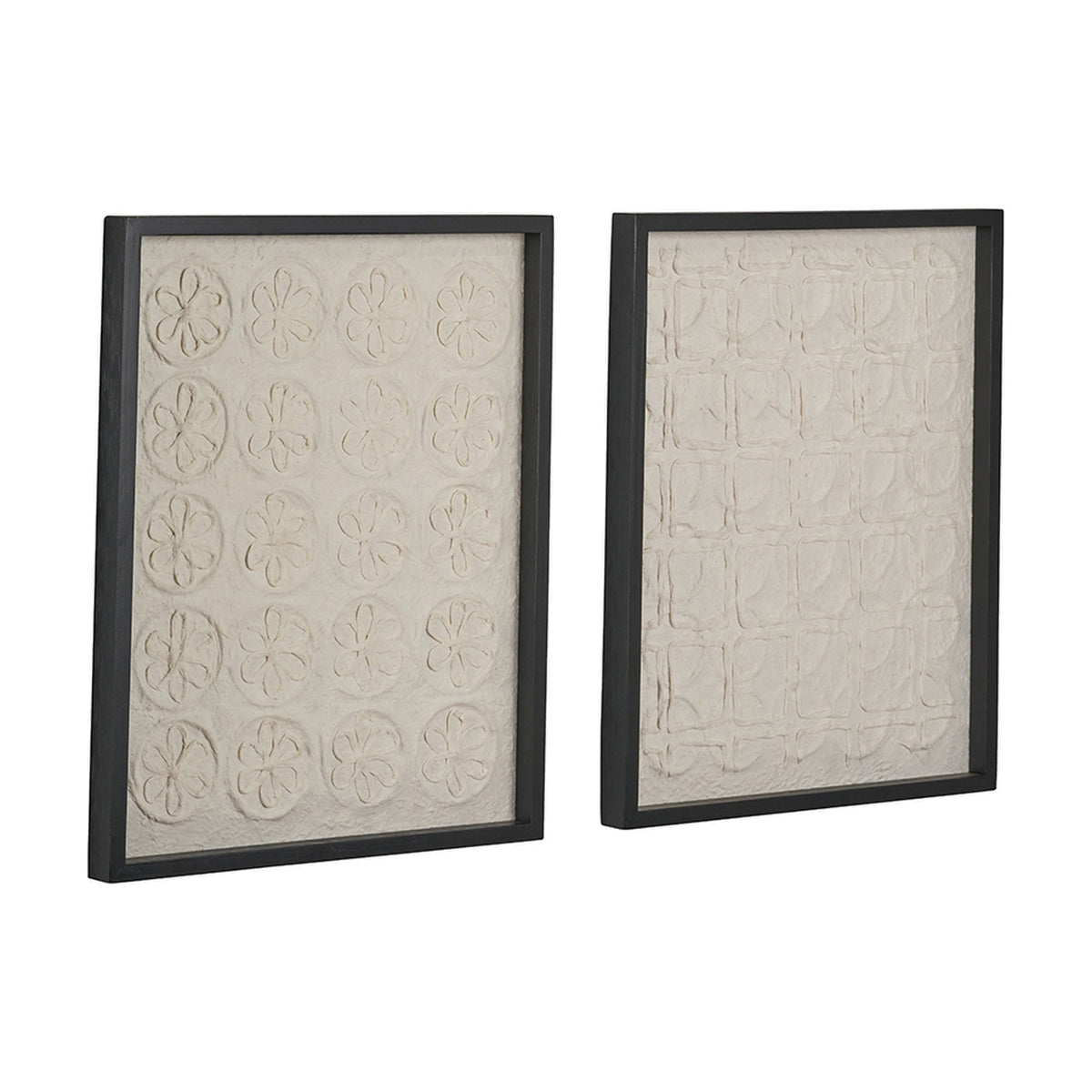 Set of 2 natural paper wall art panels in black frames, one with raised floral circle patterns and one with a geometric grid design, shown on a plain white background.