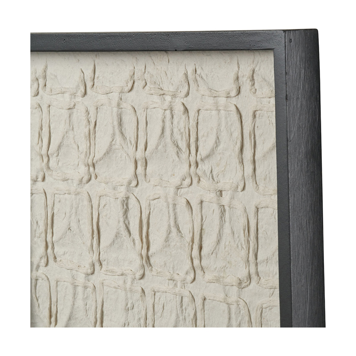 Corner detail of natural paper wall art with a textured woven pattern in a black wooden frame, from the set of 2 Pattern Natural Paper Design Wall Art.
