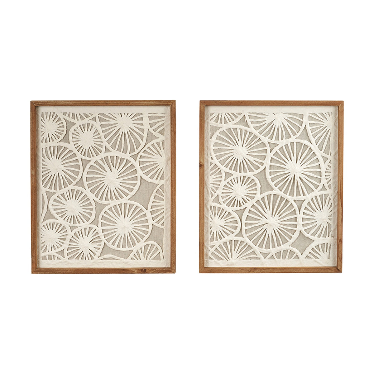 Set of 2 wood-framed wall art panels with cut-out sunburst circle patterns on natural canvas, shown against a plain white background.