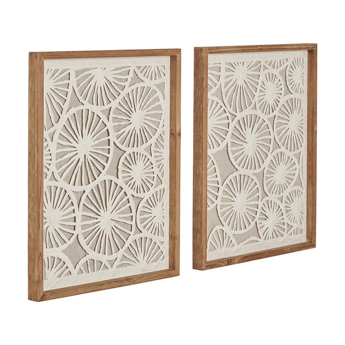 Set of 2 wooden-framed wall art panels featuring a cut-out circular sunburst pattern in natural paper, shown at an angle on a white background.