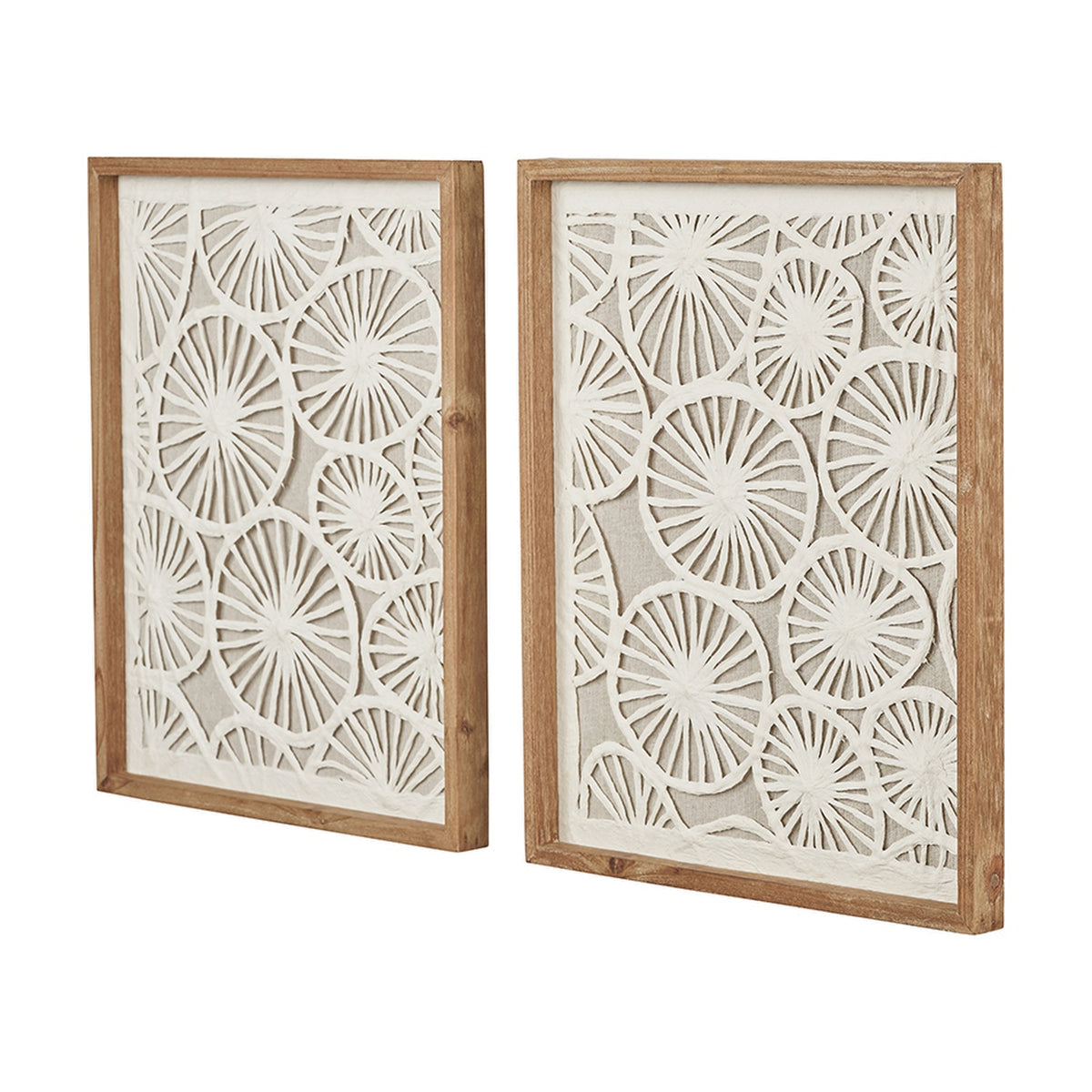 Set of 2 wooden-framed wall art panels with cut-out circular sunburst patterns on natural paper, shown at an angle against a plain white background.