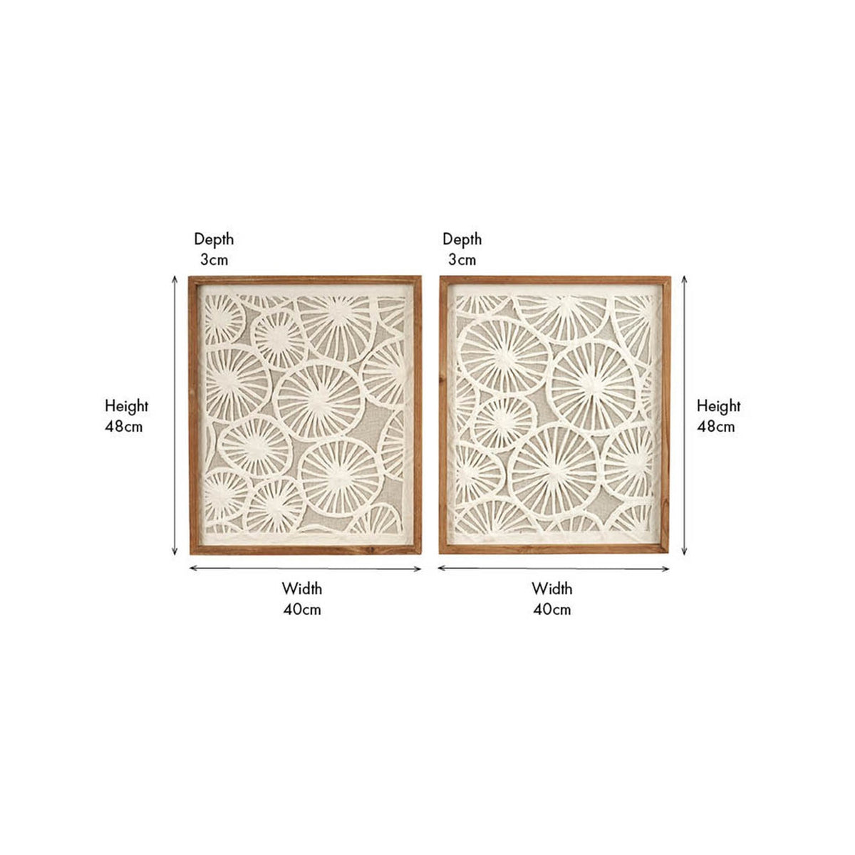 Set of 2 wood-framed wall art panels with cut-out circular floral patterns on natural paper, each 48cm x 40cm x 3cm, shown with dimension labels on a white background.