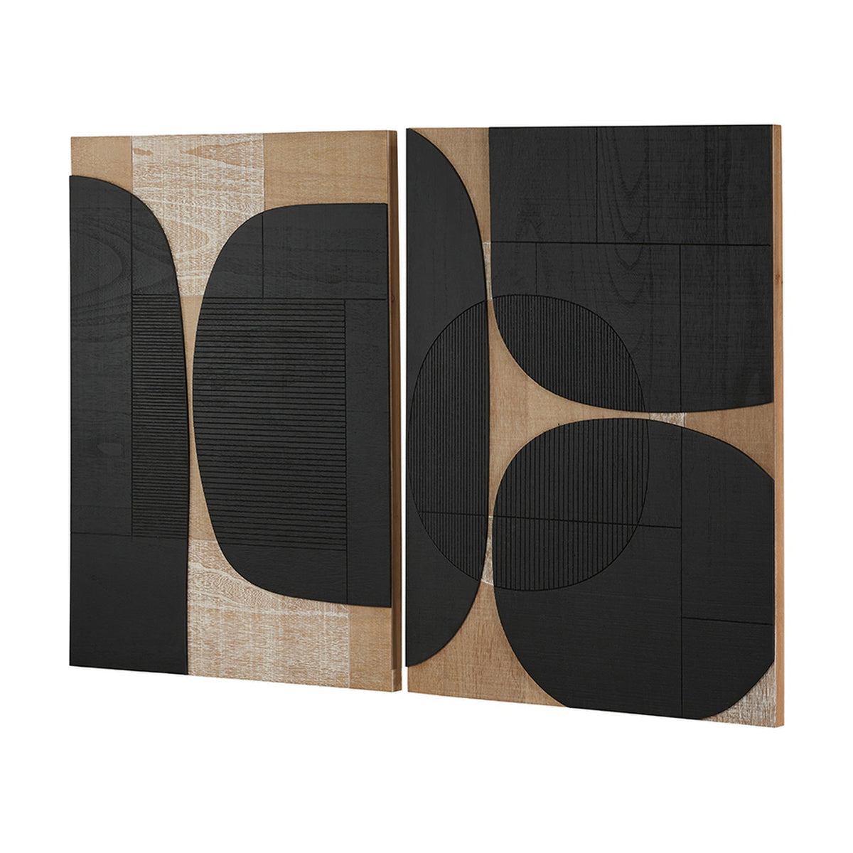Set of 2 black and natural wooden wall art panels, 60 x 80cm, with textured geometric arch and circle designs in matte black and light wood grain finishes.