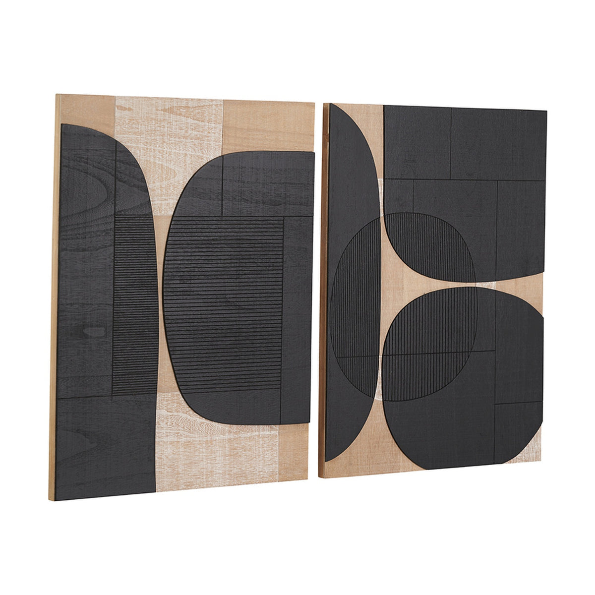 Set of 2 black and natural wooden textured wall art panels, 60 x 80cm, with abstract curved and geometric shapes, shown at an angle on a plain white background.