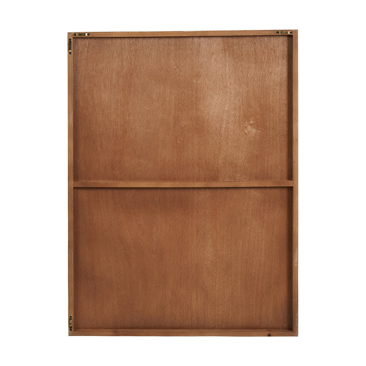 Reverse view of a natural wood-toned wall art panel, 60 x 80cm, showing a plywood back with visible grain, a horizontal support beam, and corner mounting brackets.