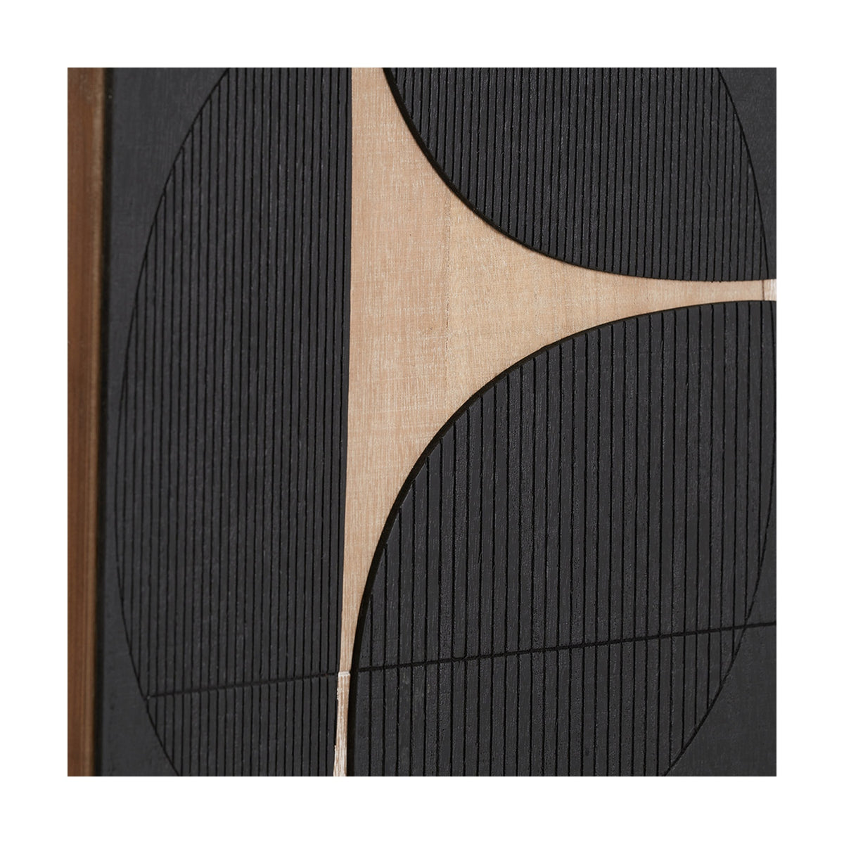 Detail of black wooden textured wall art with ridged grooves and a natural wood curved cutout forming an hourglass shape, from the Set of 2 Black & Natural Wooden Textured Design Wall Art, 60 x 80cm.