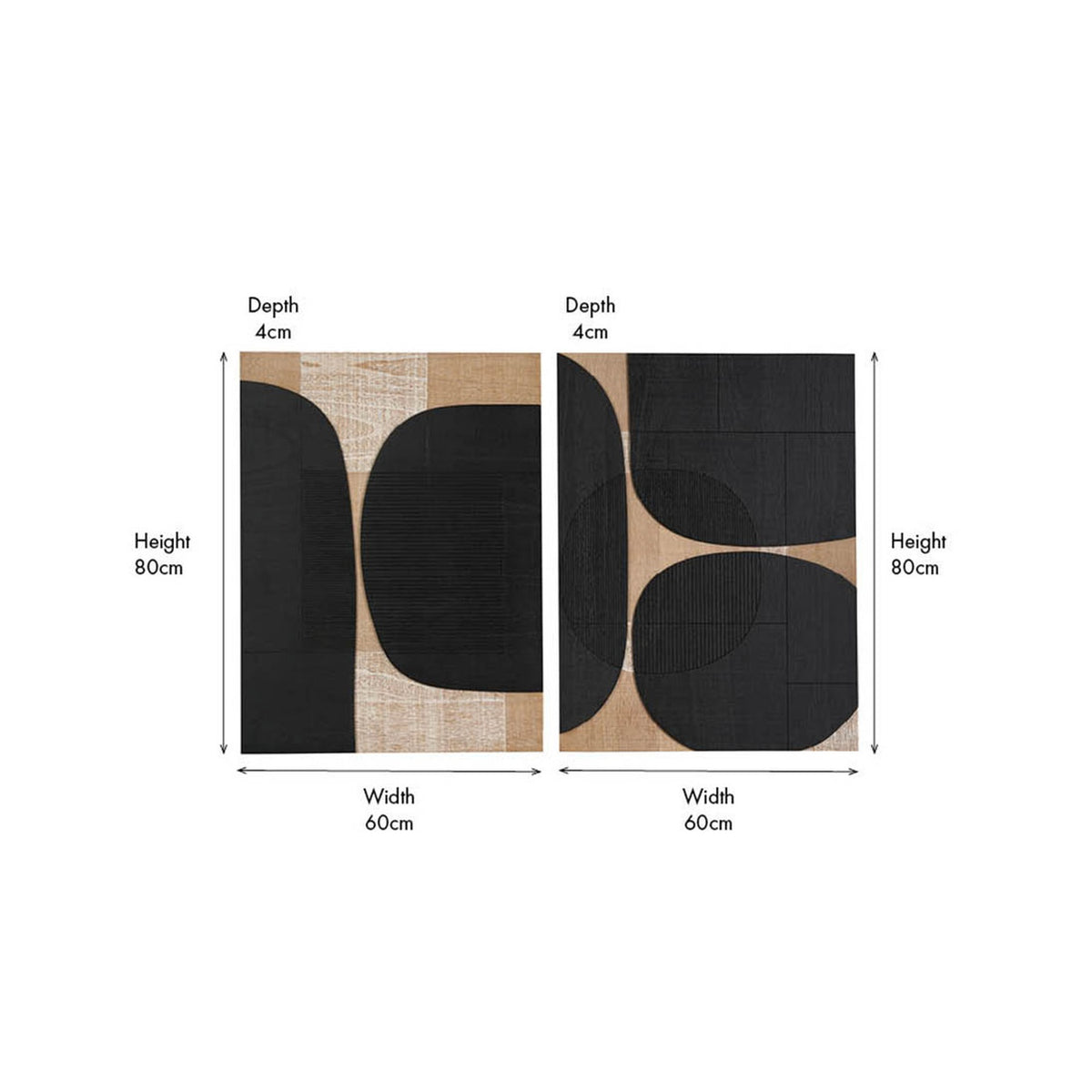 Set of 2 black and natural wooden textured wall art panels, 60 x 80cm each, with abstract curved shapes, shown with dimension labels on a white background.