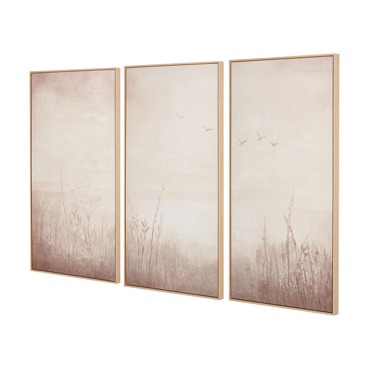 Set of 3 natural wood-framed canvas wall art panels depicting soft, muted landscape scenes with grasses and birds, shown at an angle on a plain white background.