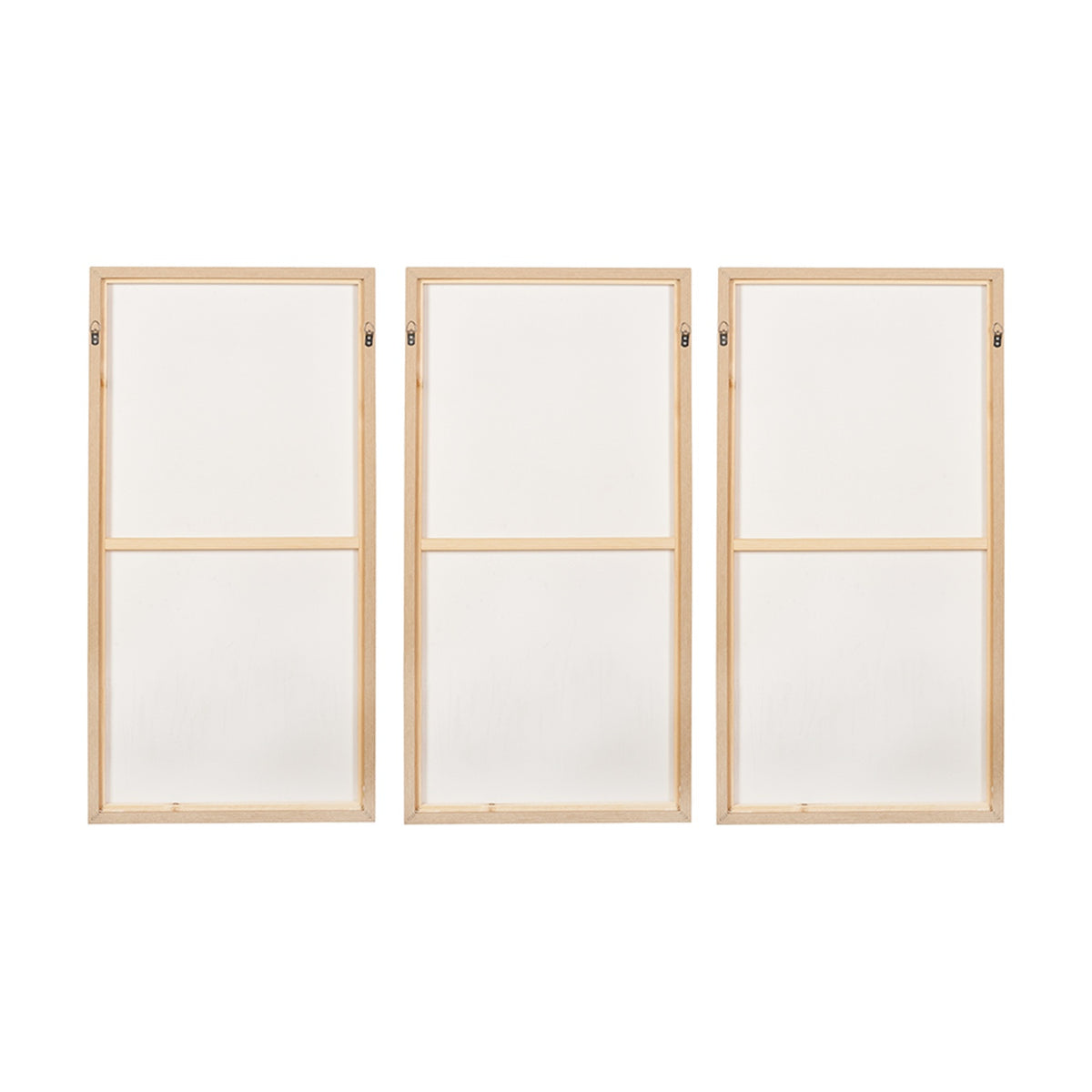 Set of 3 blank white canvas panels in natural wood frames, each split into two sections, hanging hardware visible, on a plain white background.